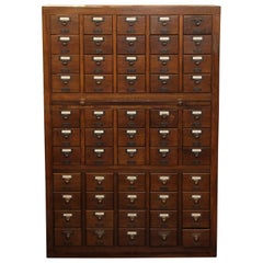 1950s Walnut Card Catalog with Trays and Brass Hardware in a Dark Wood Tone