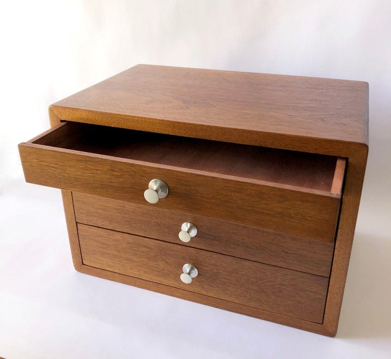 1950s Walnut Jewelry Chest with Stainless Steel Drawer Pulls at 1stDibs