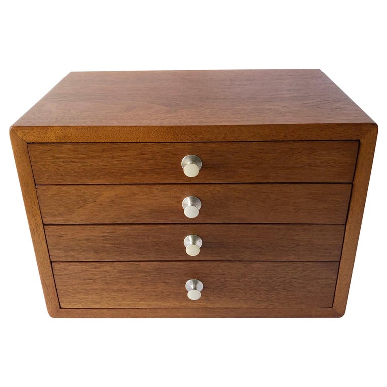 1950s Walnut Jewelry Chest with Stainless Steel Drawer Pulls at 1stDibs