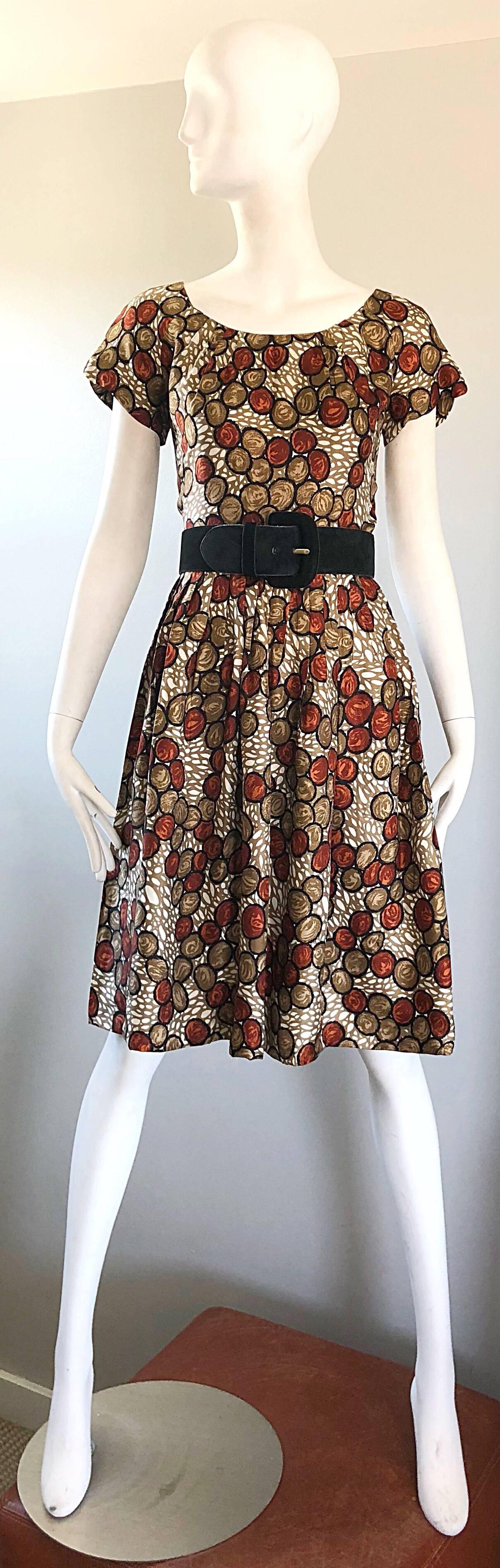 1950s Walnut Nut Print Fit n ' Flare Brown Beige Ivory Silk 50s Vintage Dress  6