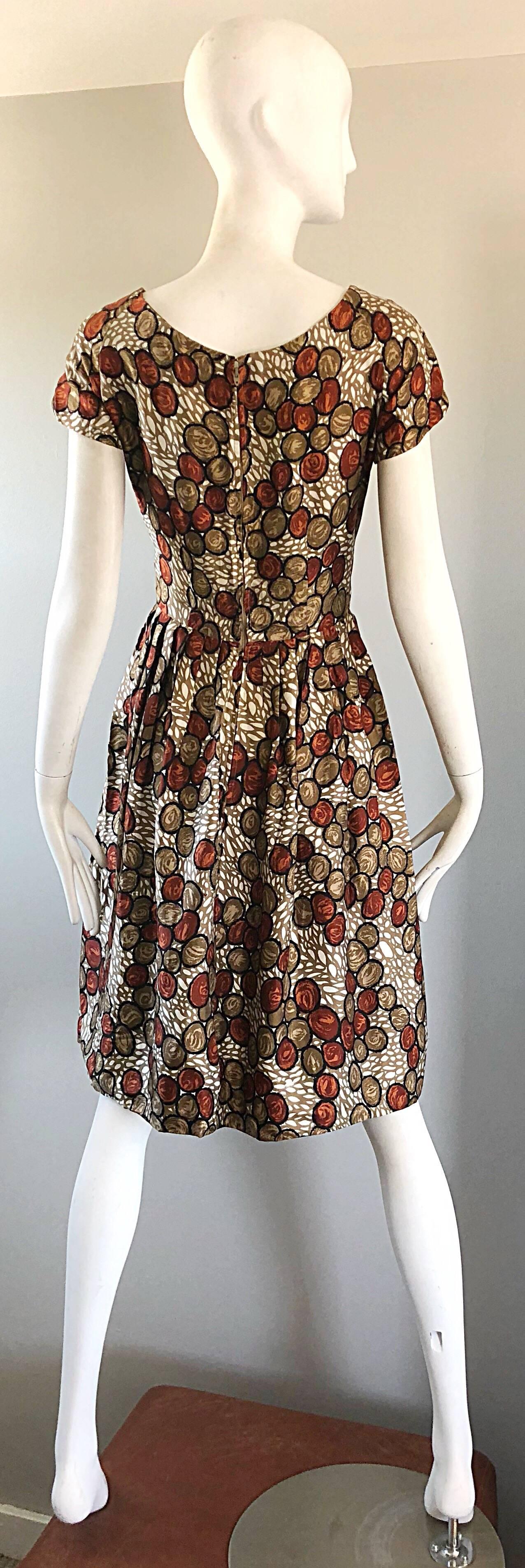 1950s Walnut Nut Print Fit n ' Flare Brown Beige Ivory Silk 50s Vintage Dress  8