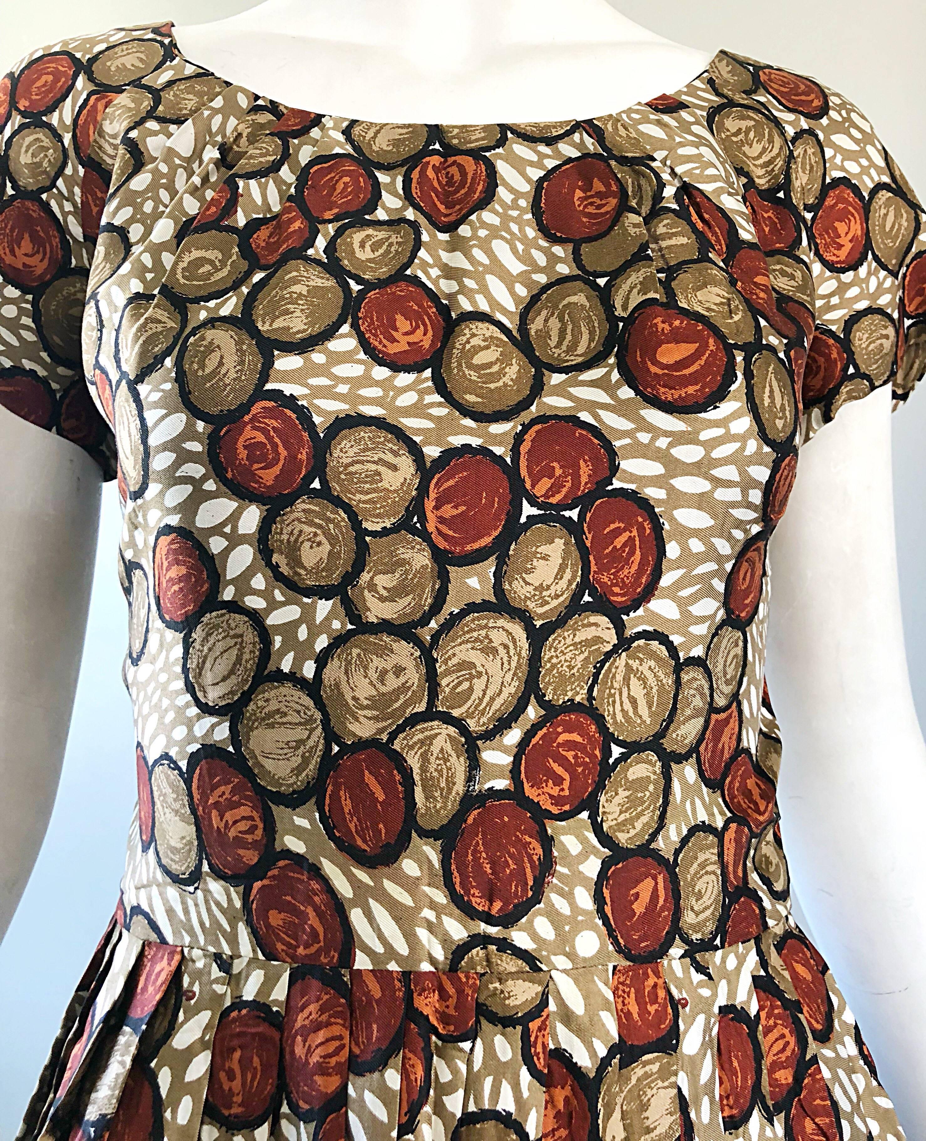 1950s Walnut Nut Print Fit n ' Flare Brown Beige Ivory Silk 50s Vintage Dress  In Excellent Condition In San Diego, CA