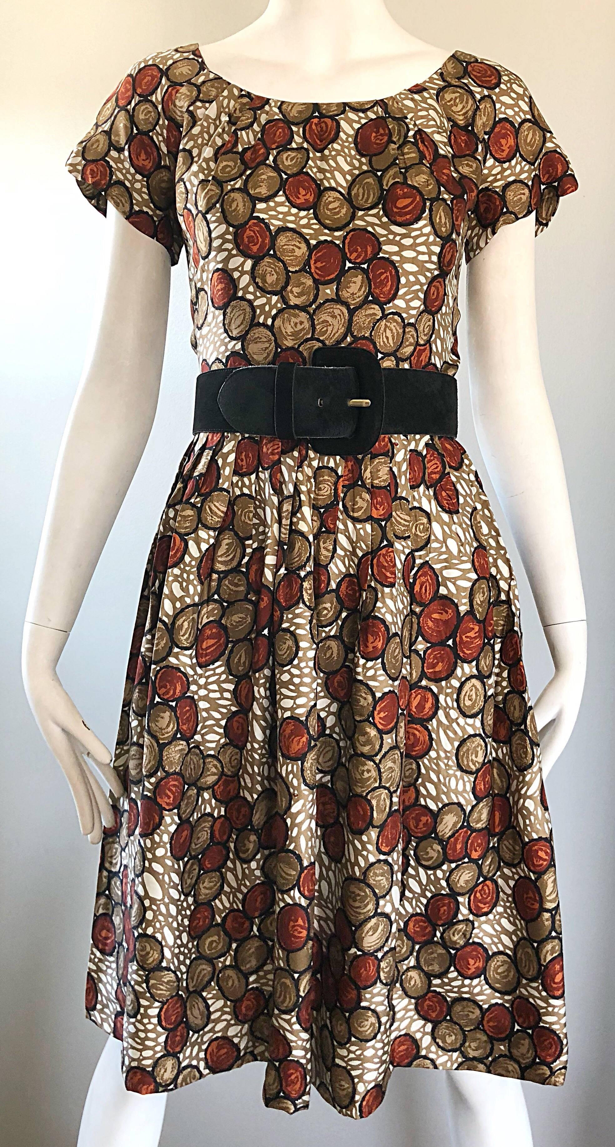 1950s Walnut Nut Print Fit n ' Flare Brown Beige Ivory Silk 50s Vintage Dress  1