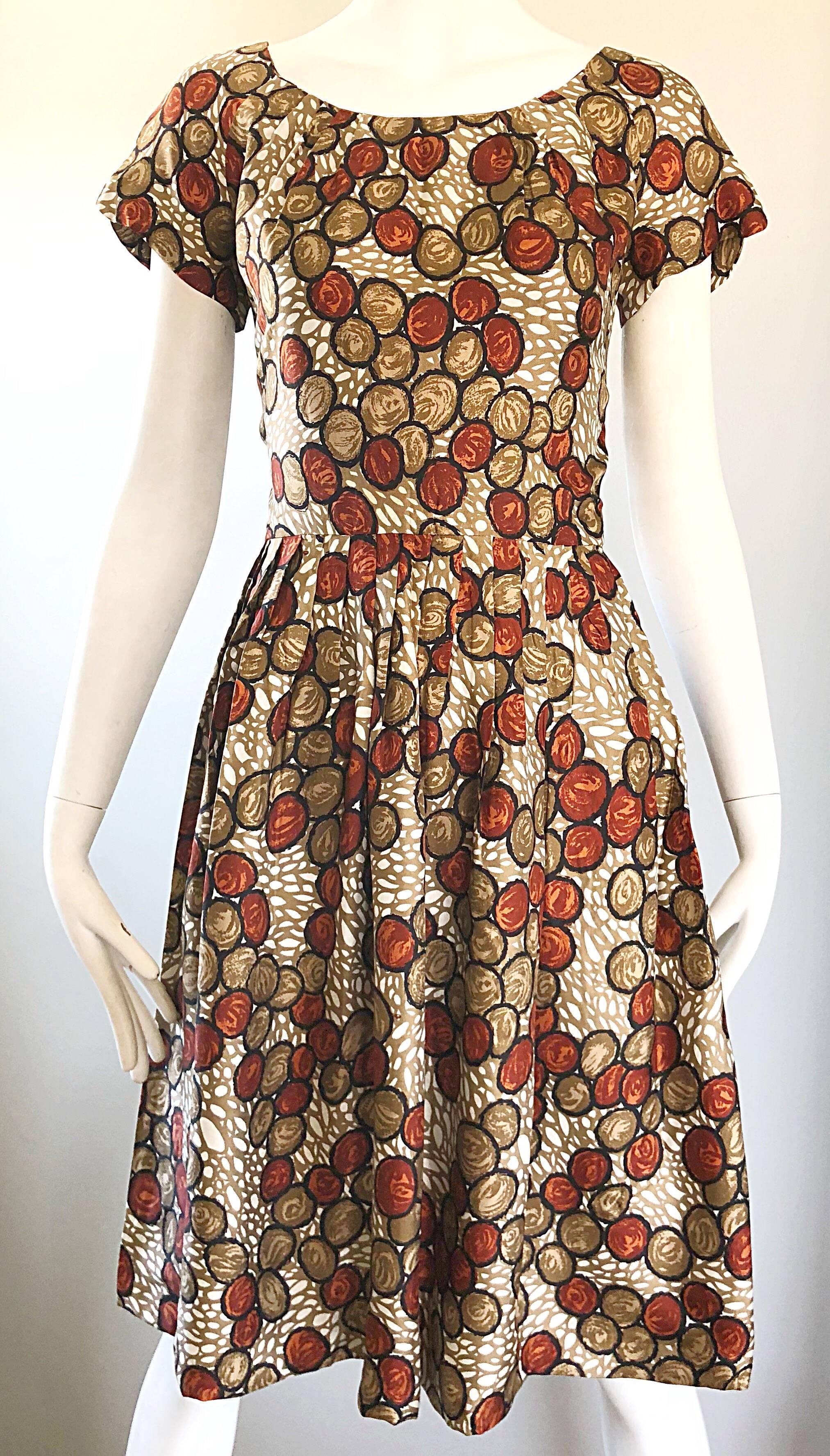 1950s Walnut Nut Print Fit n ' Flare Brown Beige Ivory Silk 50s Vintage Dress  4