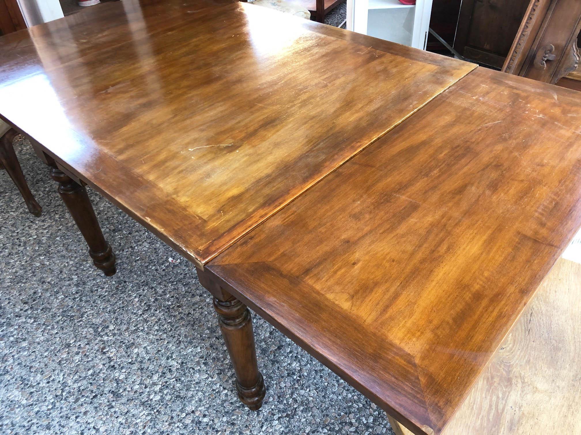 Country 1950s Walnut Table, Original Italian, Square, Extendable, with Turned Leg For Sale