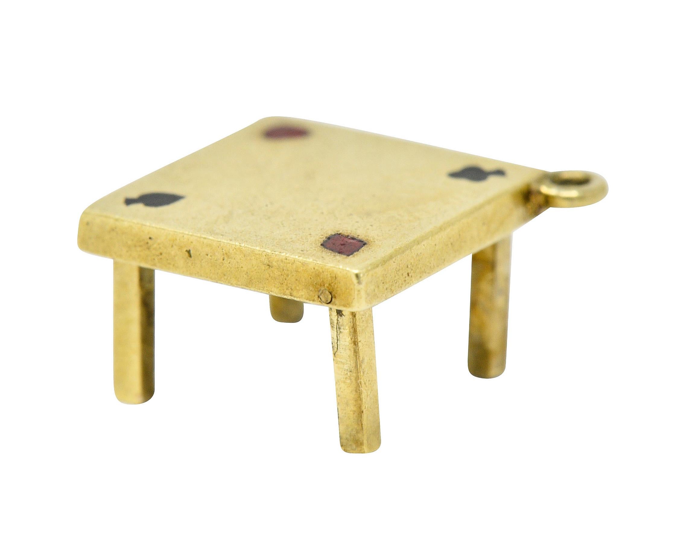 Charm is designed as a square table with four legs that fold out

Each corner is accented by enamel card suite motifs - red and black with minimal loss

Stamped 14K for 14 karat gold

Maker's mark for Walter Lampl

Circa: 1950s

Measures: 1/2 x 1/2