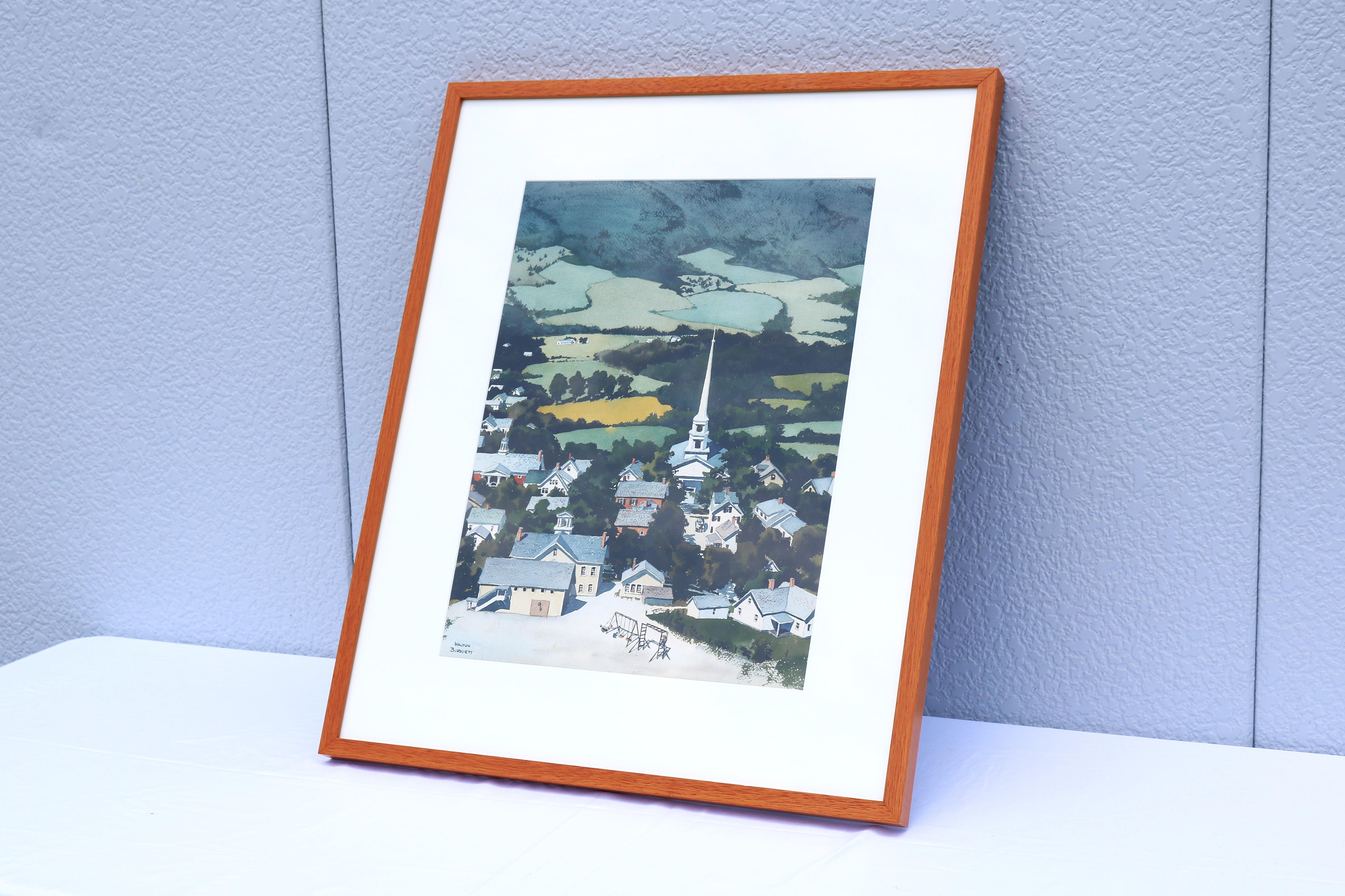 Años 50 Walton Blodgett Stowe Vermont Pintura original en acuarela sobre papel Firmada Pintado a mano en venta