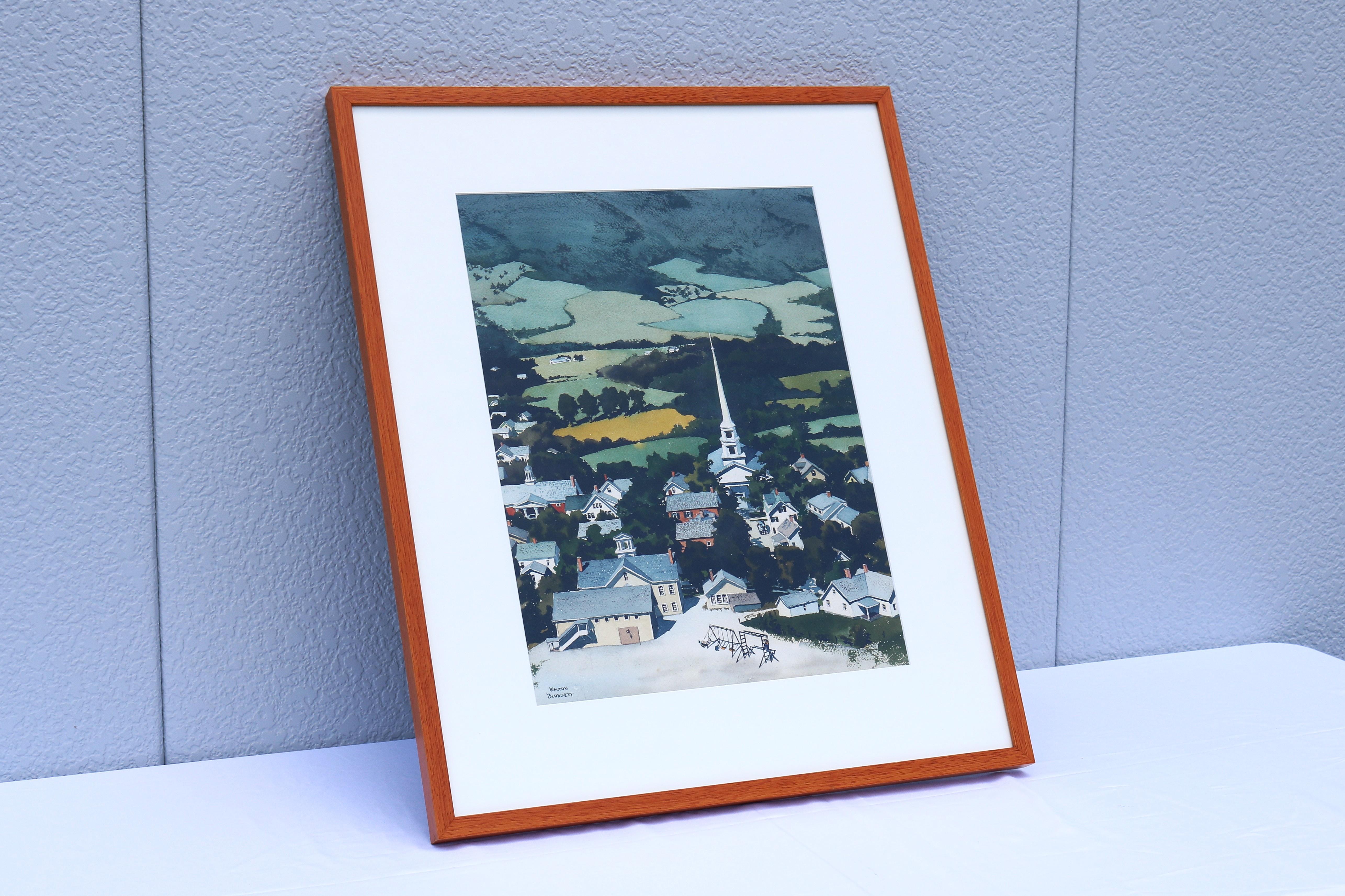 Años 50 Walton Blodgett Stowe Vermont Pintura original en acuarela sobre papel Firmada siglo XX en venta