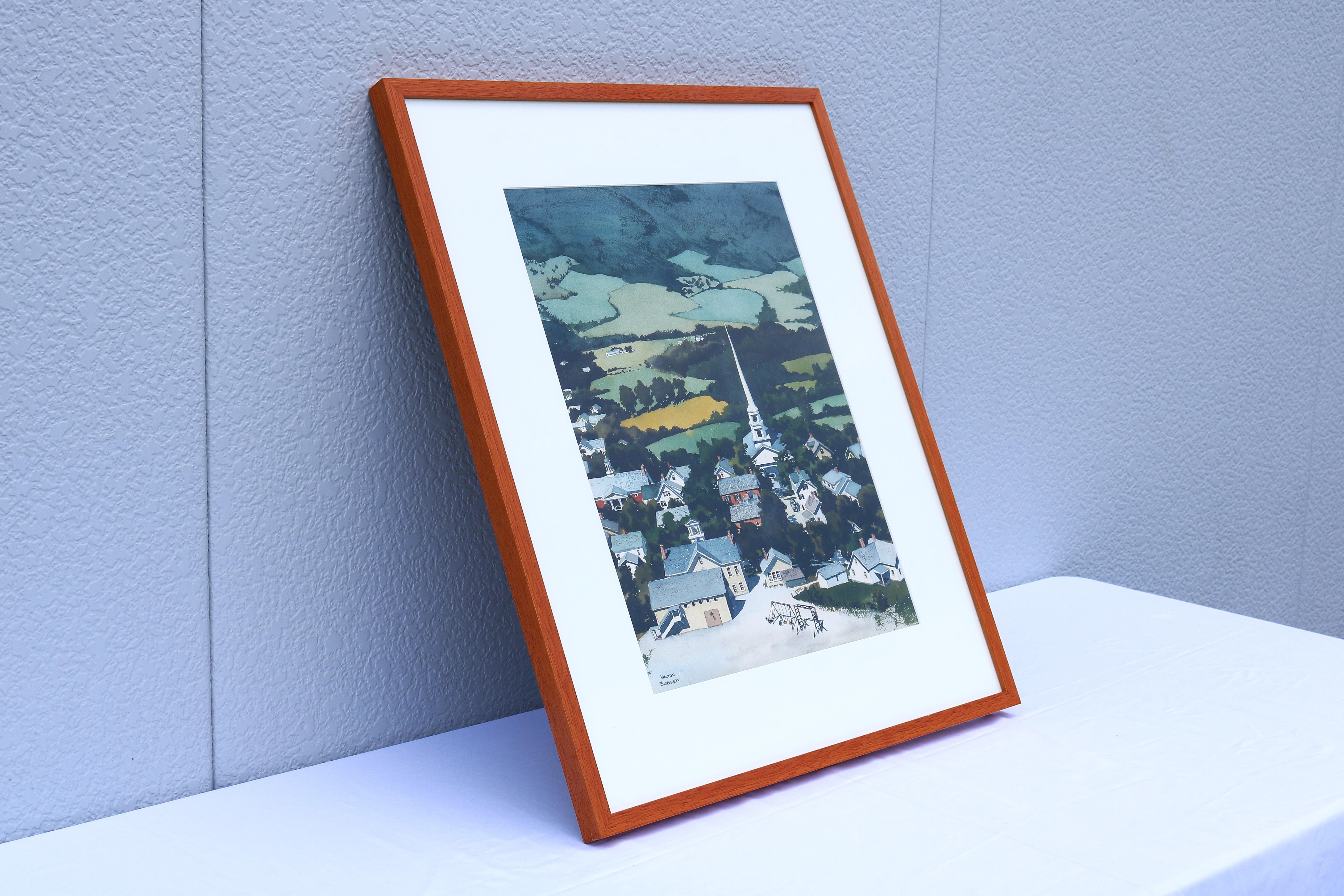 Años 50 Walton Blodgett Stowe Vermont Pintura original en acuarela sobre papel Firmada Vidrio en venta