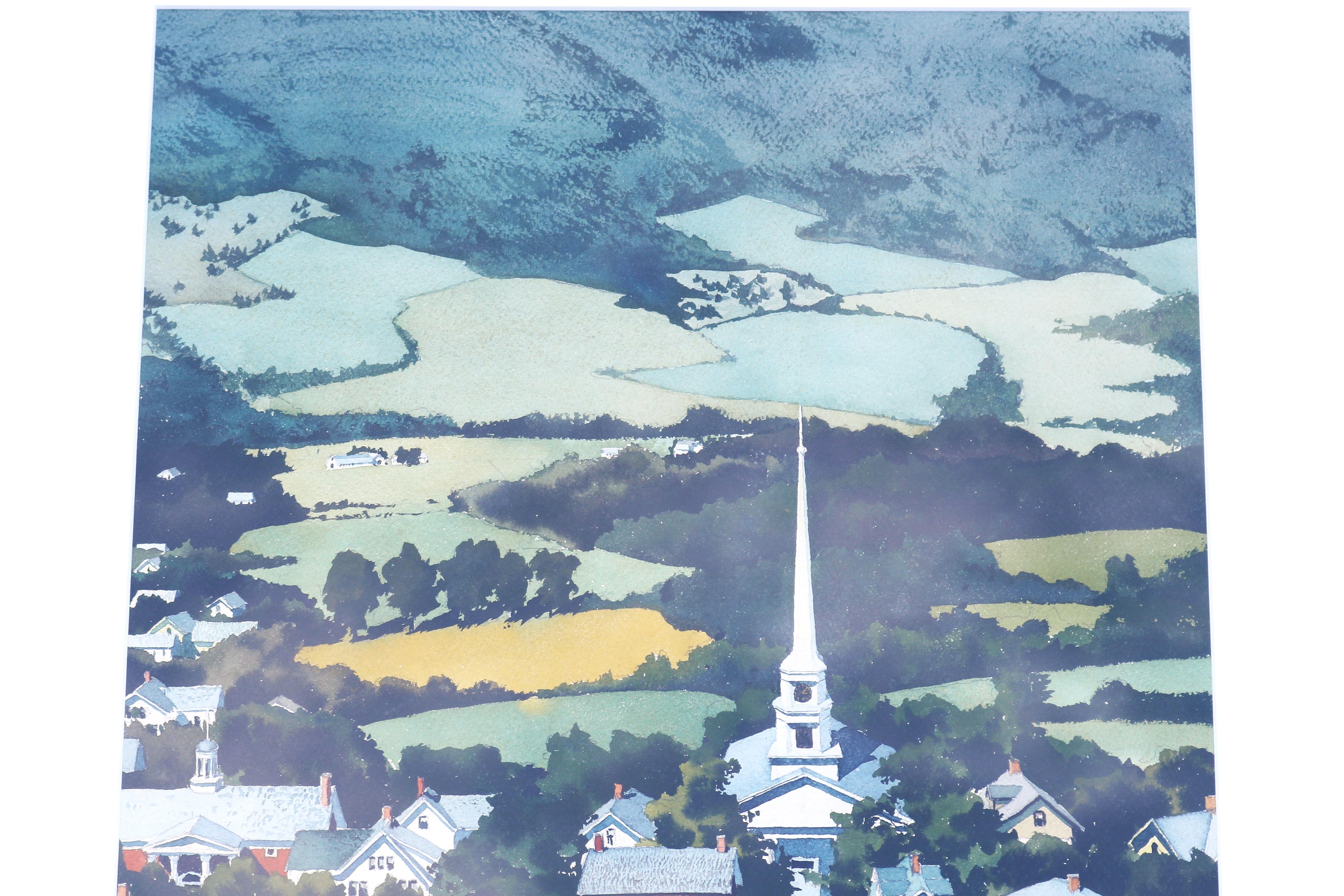 Años 50 Walton Blodgett Stowe Vermont Pintura original en acuarela sobre papel Firmada en venta 1