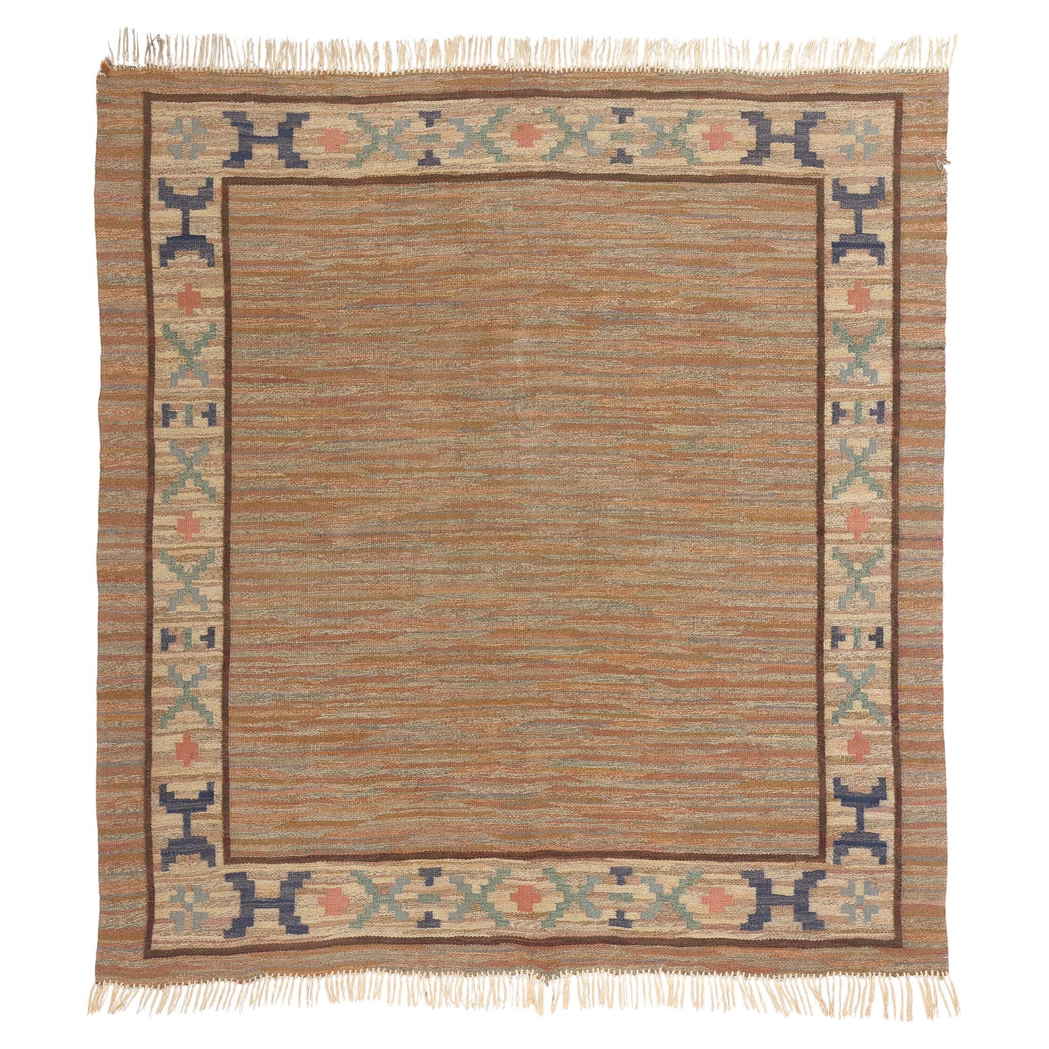 1950's Warm Earth-Tone Swedish Flatweave Rug Scandinavian Röllakan Carpet