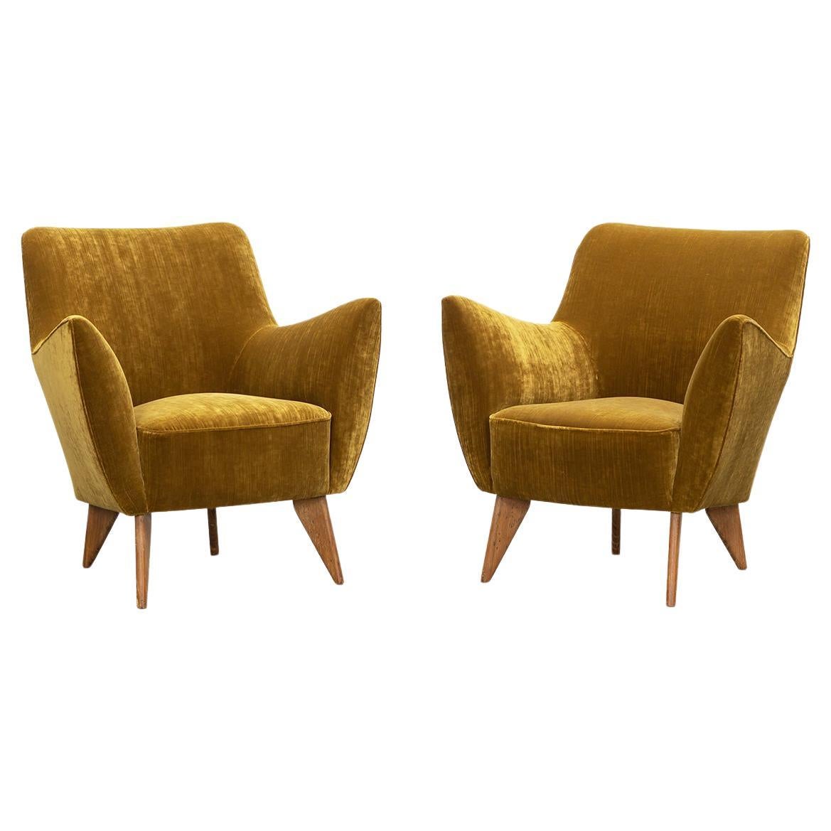 1950s Warm Yellow Fabric Lounge Chairs by Guglielmo Veronesi, New Upholstery For Sale