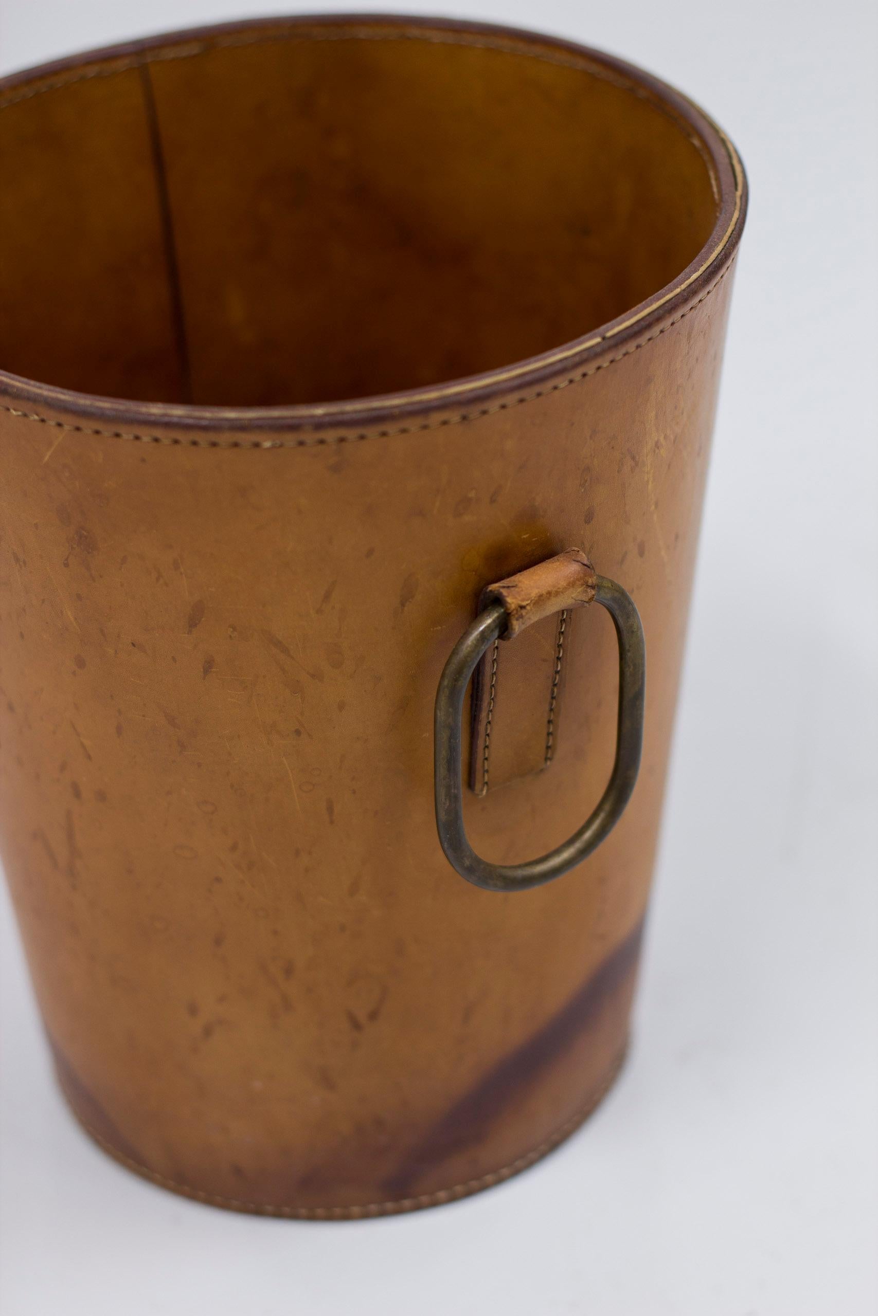 Austrian 1950s Waste Paper Basket in Leather by Carl Auböck For Sale