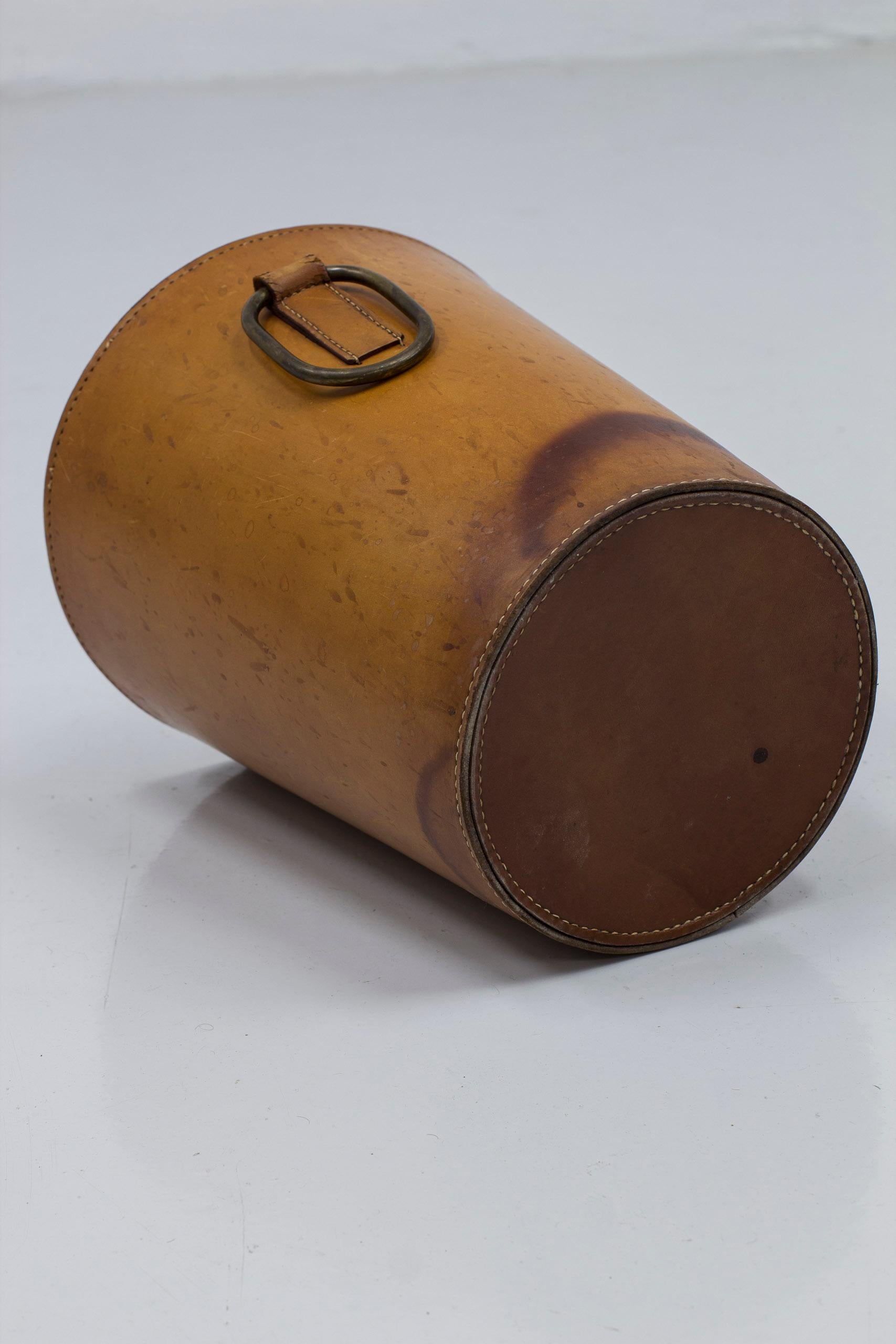 Brass 1950s Waste Paper Basket in Leather by Carl Auböck For Sale