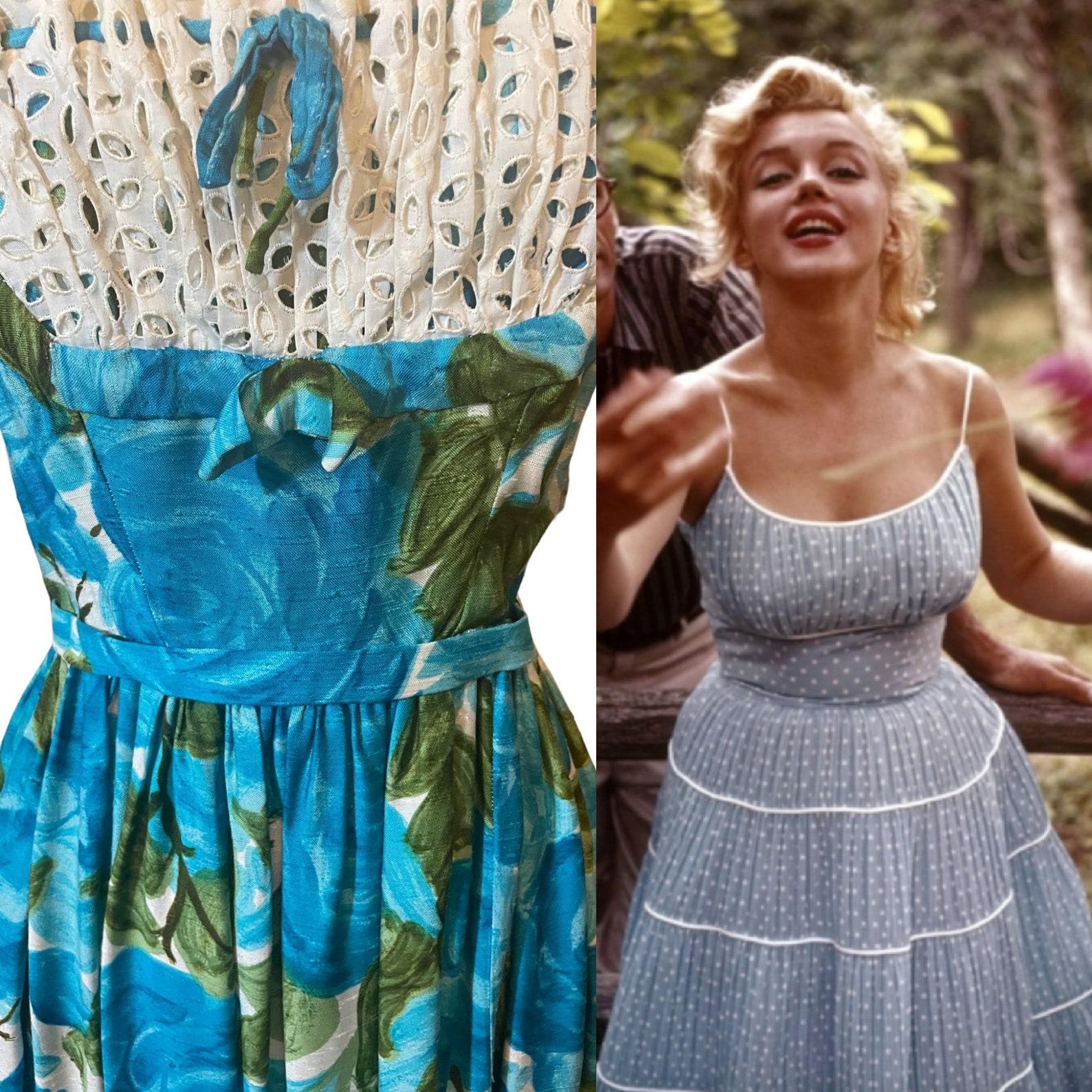 Abito da sole floreale acquerellato blu e verde, anni '50 circa in vendita 6