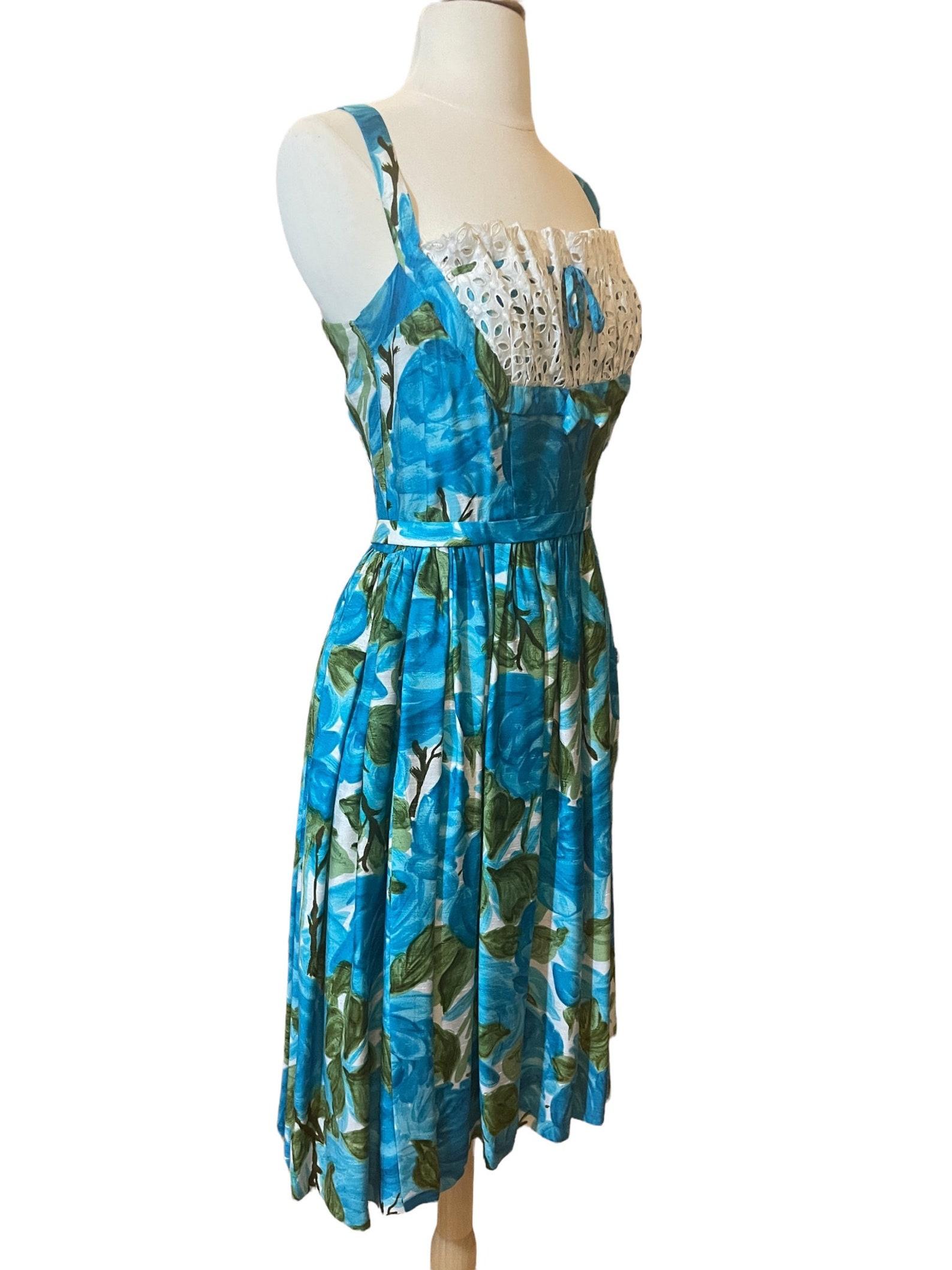 Women's Blue and Green Watercolor Floral Sun Dress, Circa 1950s For Sale