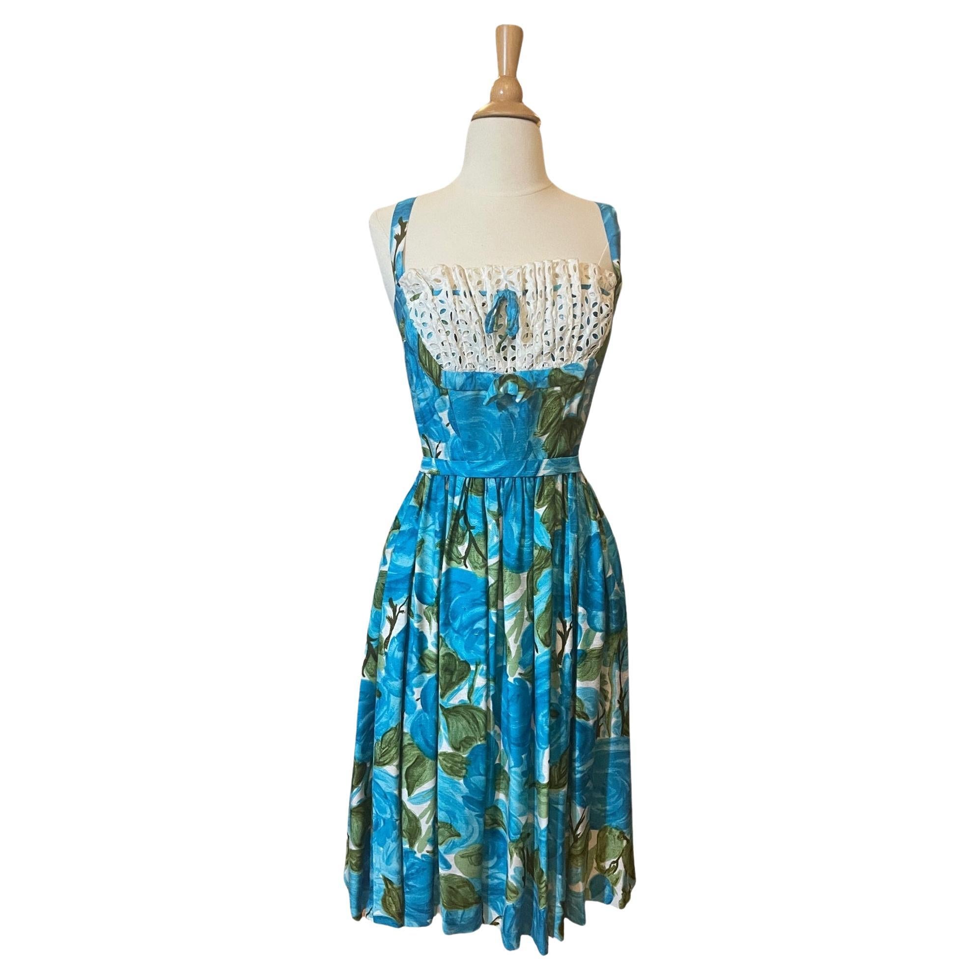 Blue and Green Watercolor Floral Sun Dress, Circa 1950s For Sale
