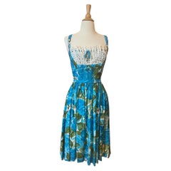 Vestido de sol floral en acuarela azul y verde, circa años 50