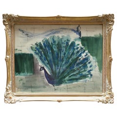 Vintage 1950s Watercolor Painting of Peacock