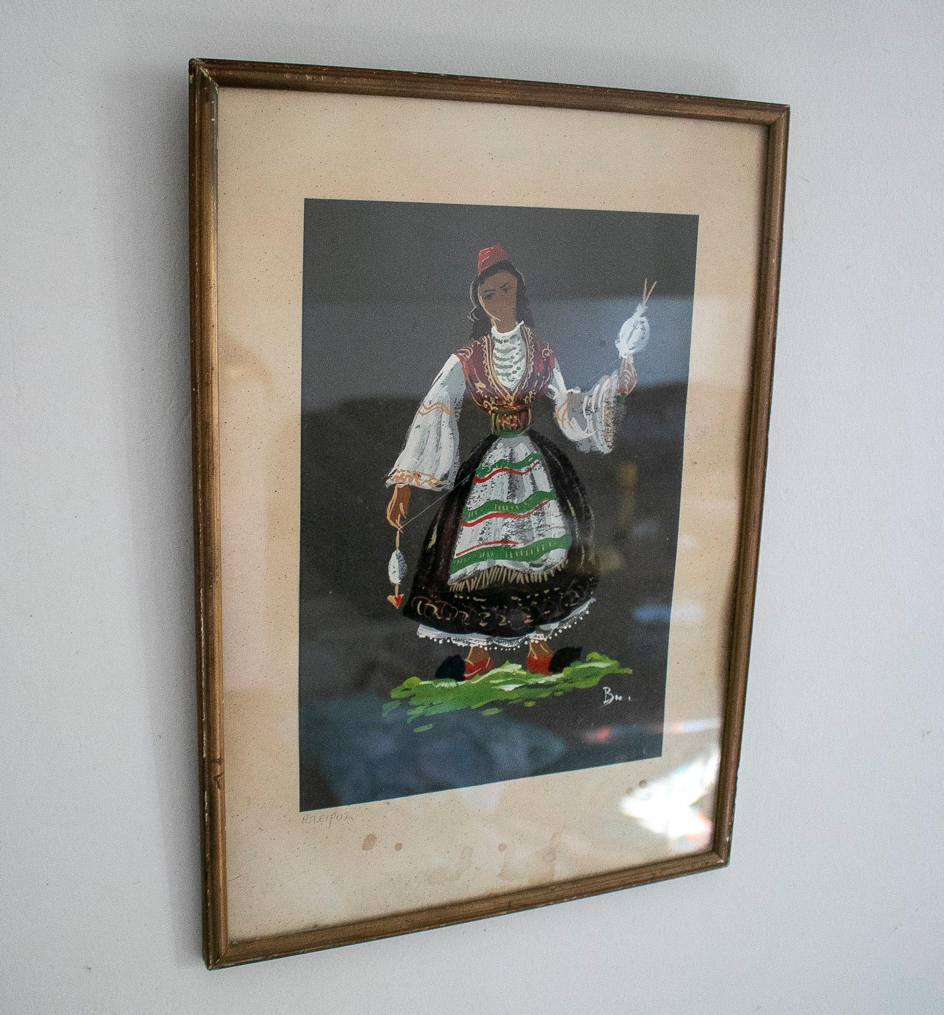 Colourful 1950s watercolour portrait of a Greek woman in traditional dress, signed 