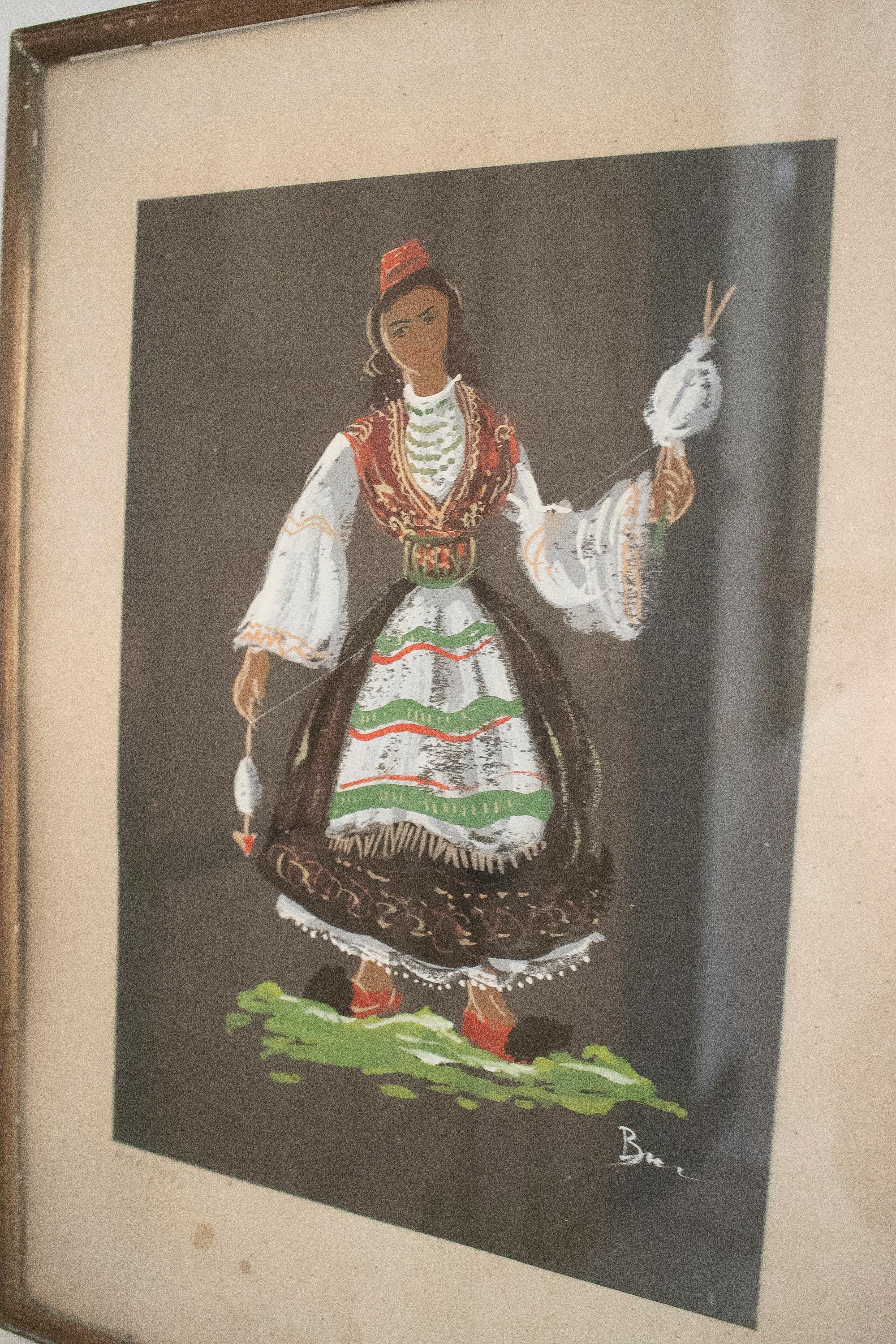 European 1950s Watercolour Portrait of Greek Woman w/ Traditional Dress For Sale