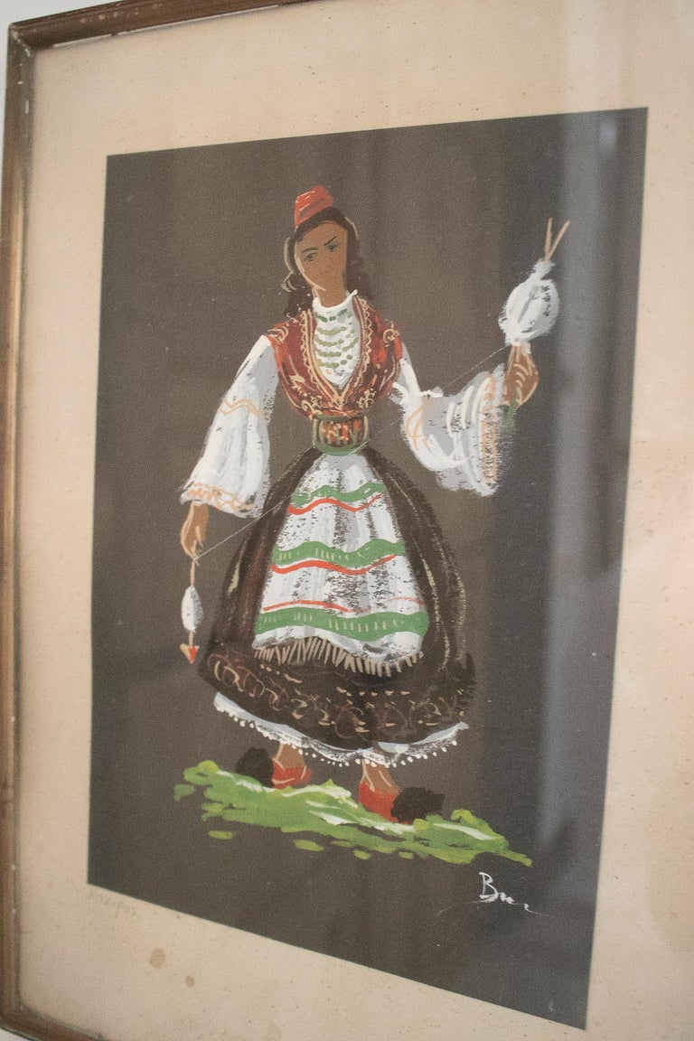 1950s Watercolour Portrait of Greek Woman w/ Traditional Dress For Sale ...