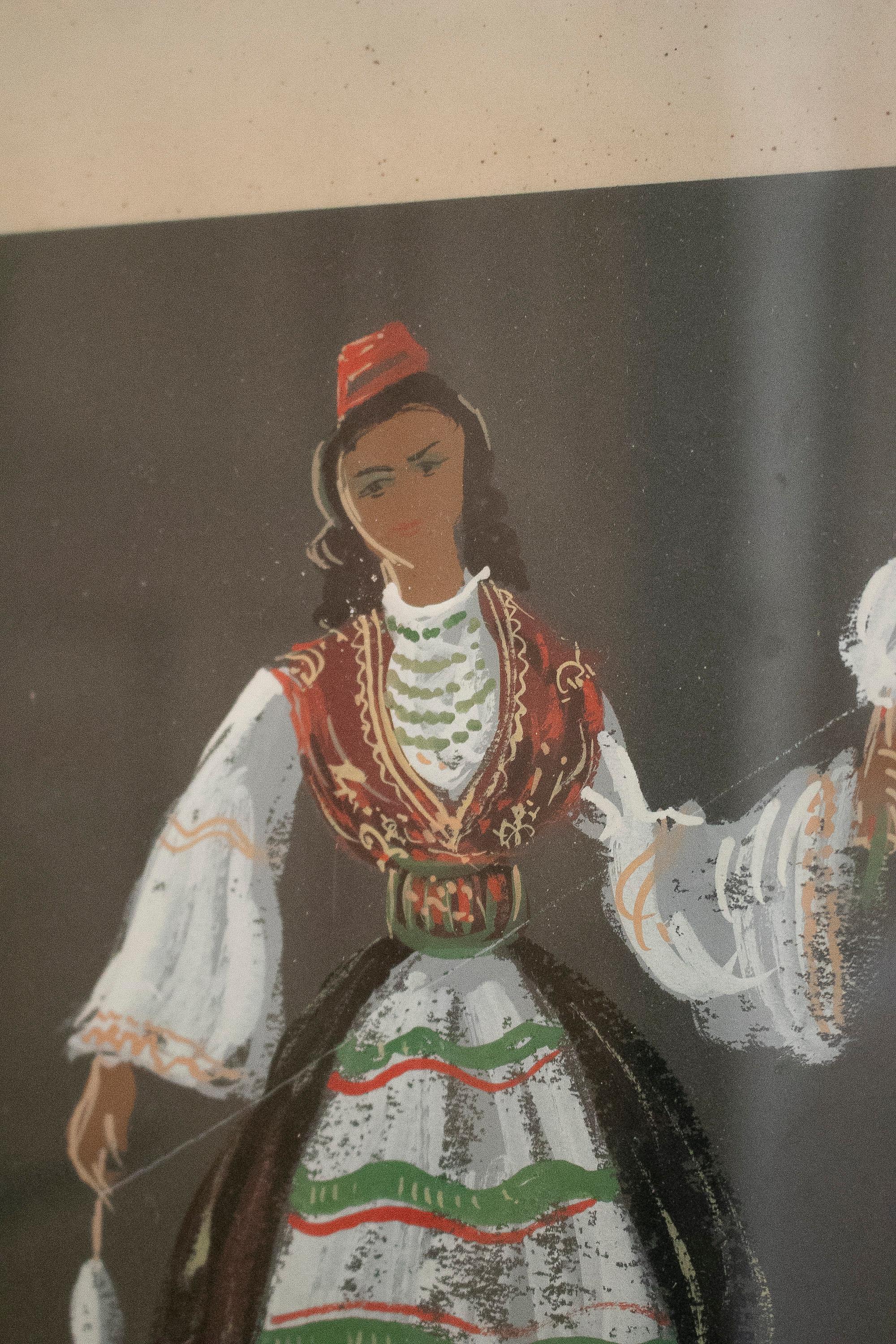 Hand-Painted 1950s Watercolour Portrait of Greek Woman w/ Traditional Dress For Sale