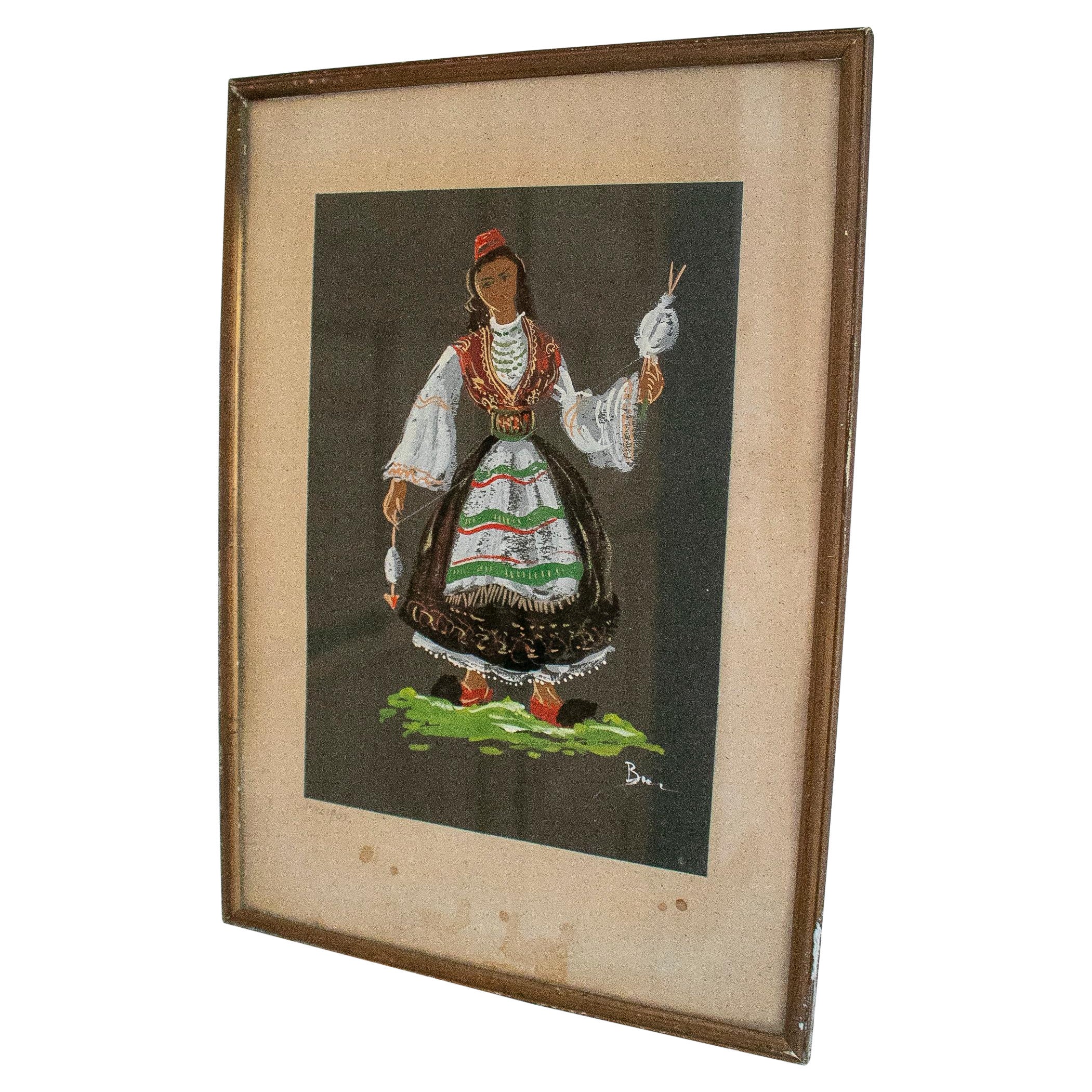 Portrait à l'aquarelle d'une femme grecque avec une robe traditionnelle, années 1950