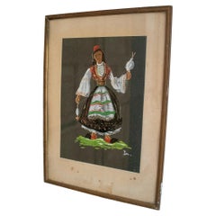 1950s Watercolour Portrait of Greek Woman w/ Traditional Dress