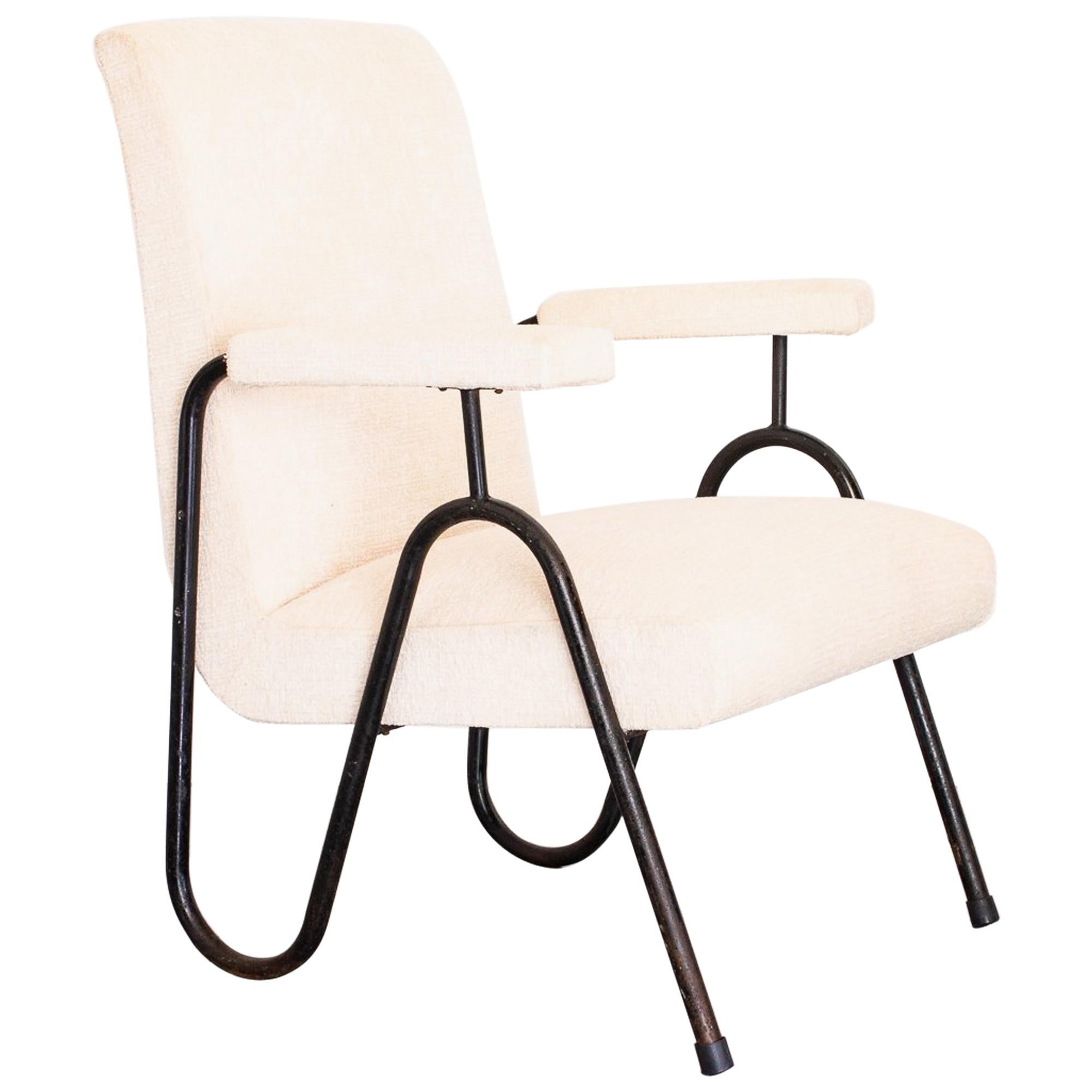 1950s "Wave" Lounge Chair in Tubular Iron and White Chenille, Brazil Modernism