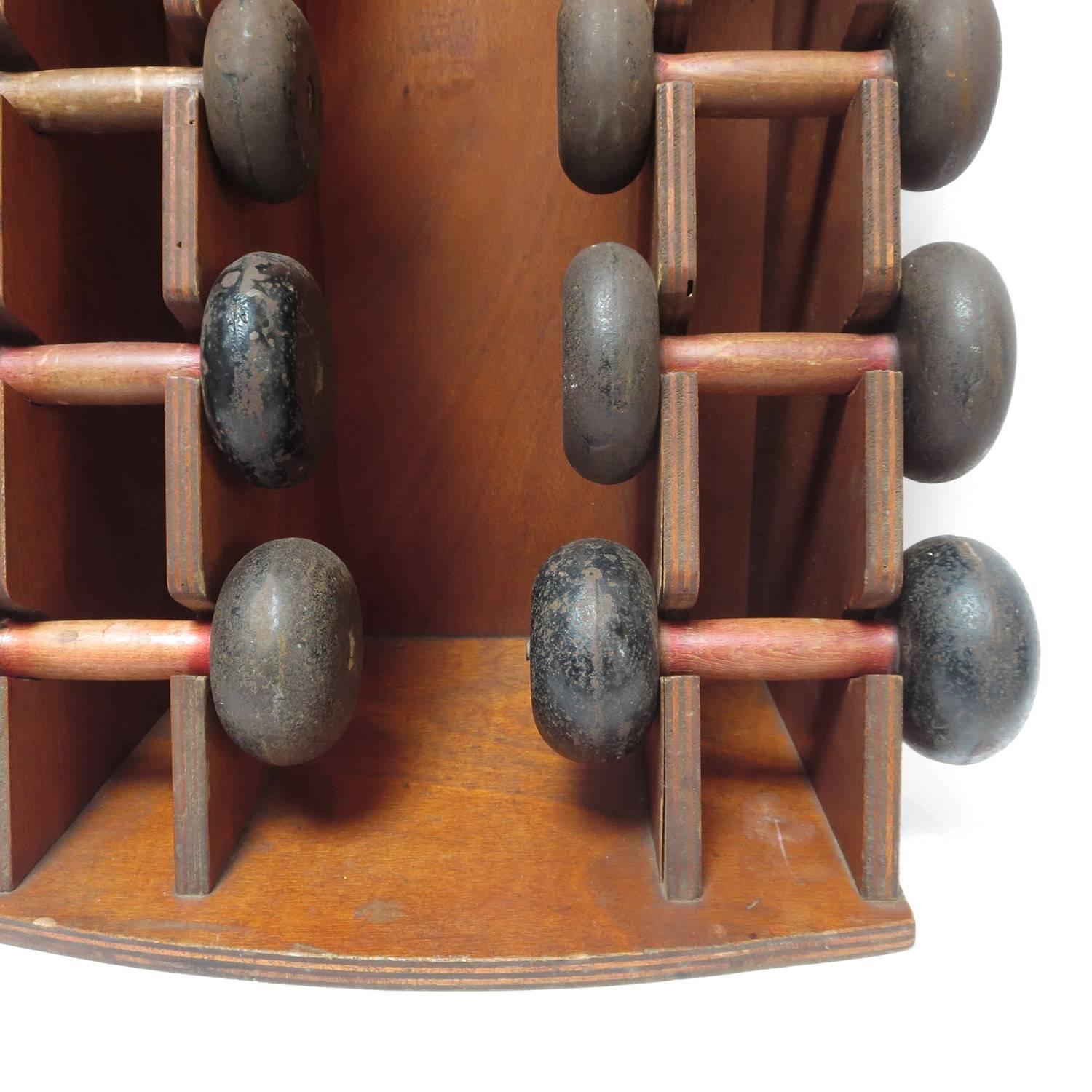 Mid-Century Modern 1950s Weight Lifting Set in Original Wooden Stand