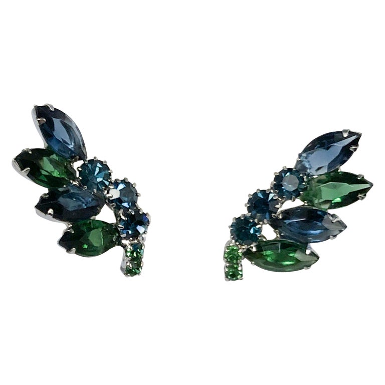 1950/'s Vintage Green Rhinestone Earrings Blue Green Rhinestone Earrings Costume Jewelry Vintage Clip Earrings
