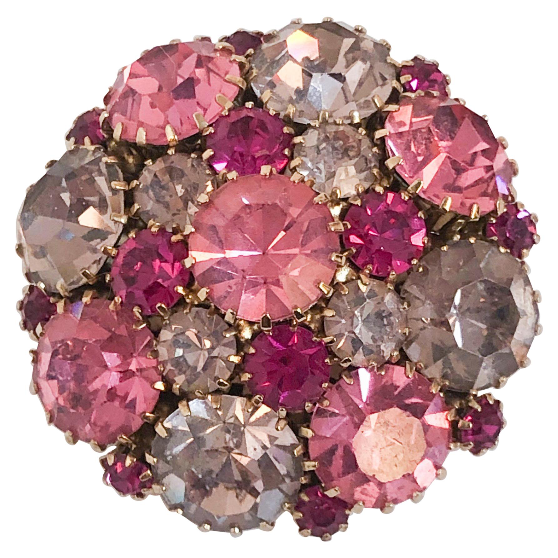 1950s Weiss Fuchsia, Pink, and Light Pink Rhinestone Round Brooch