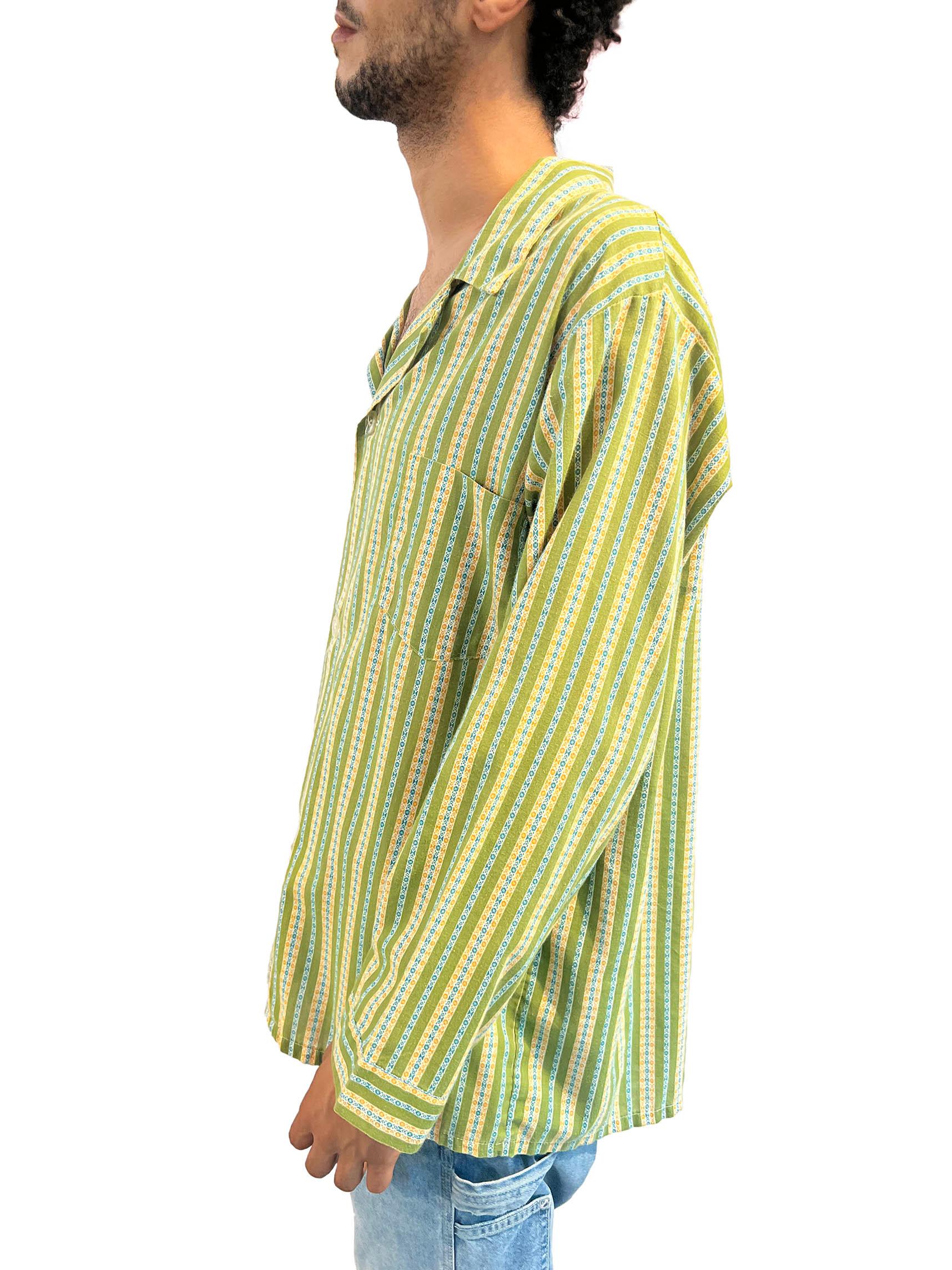 1950S Weldon Green & Yellow Striped Cotton Soft Shirt In Excellent Condition In New York, NY