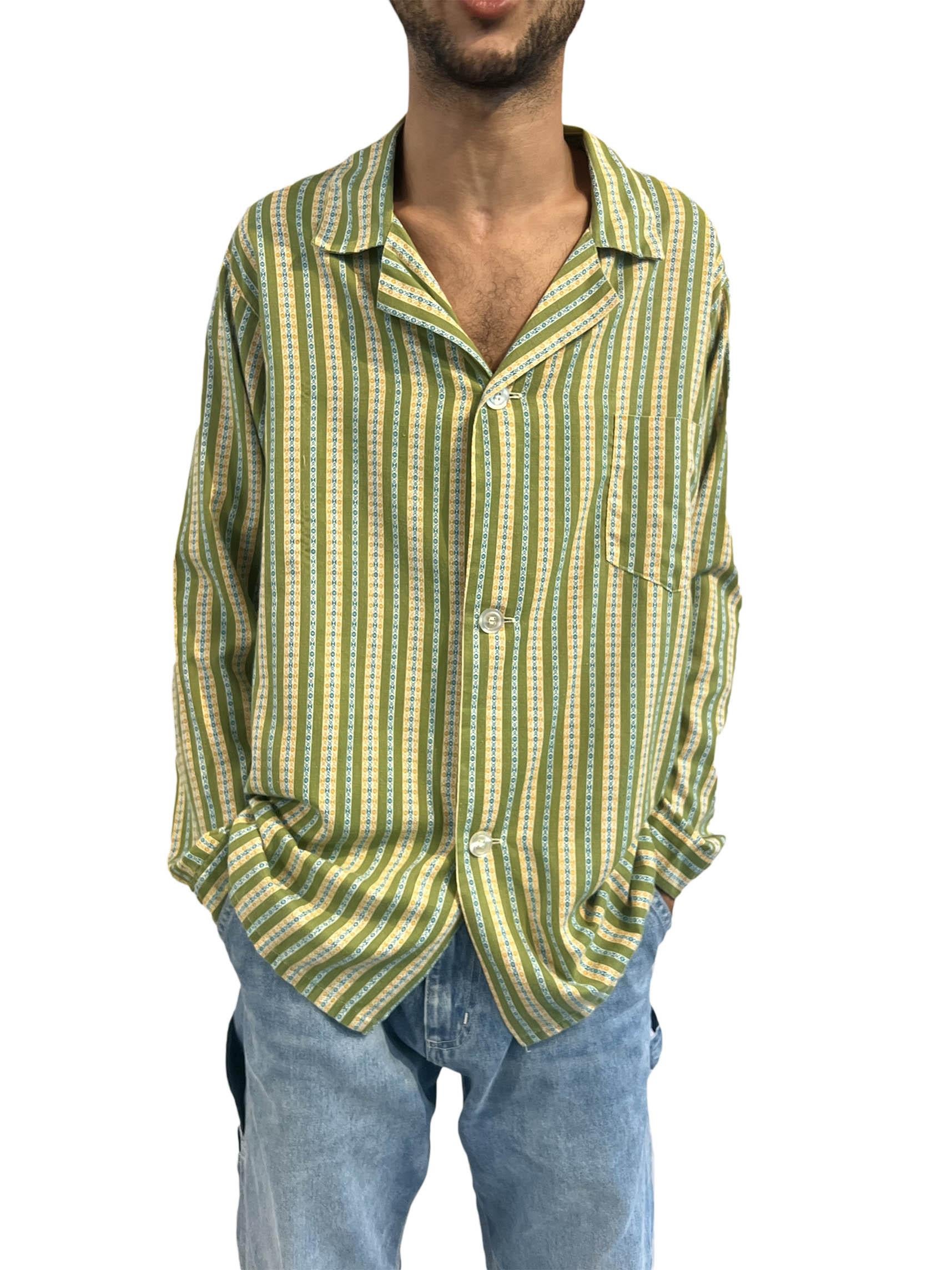 Men's 1950S Weldon Green & Yellow Striped Cotton Soft Shirt