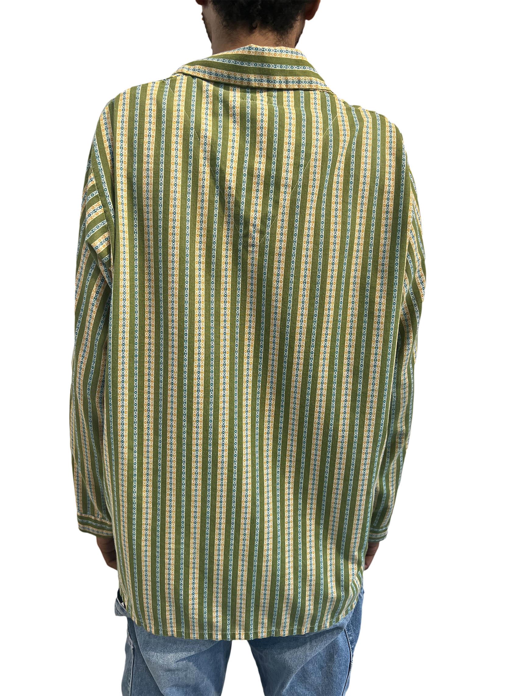 1950S Weldon Green & Yellow Striped Cotton Soft Shirt 1