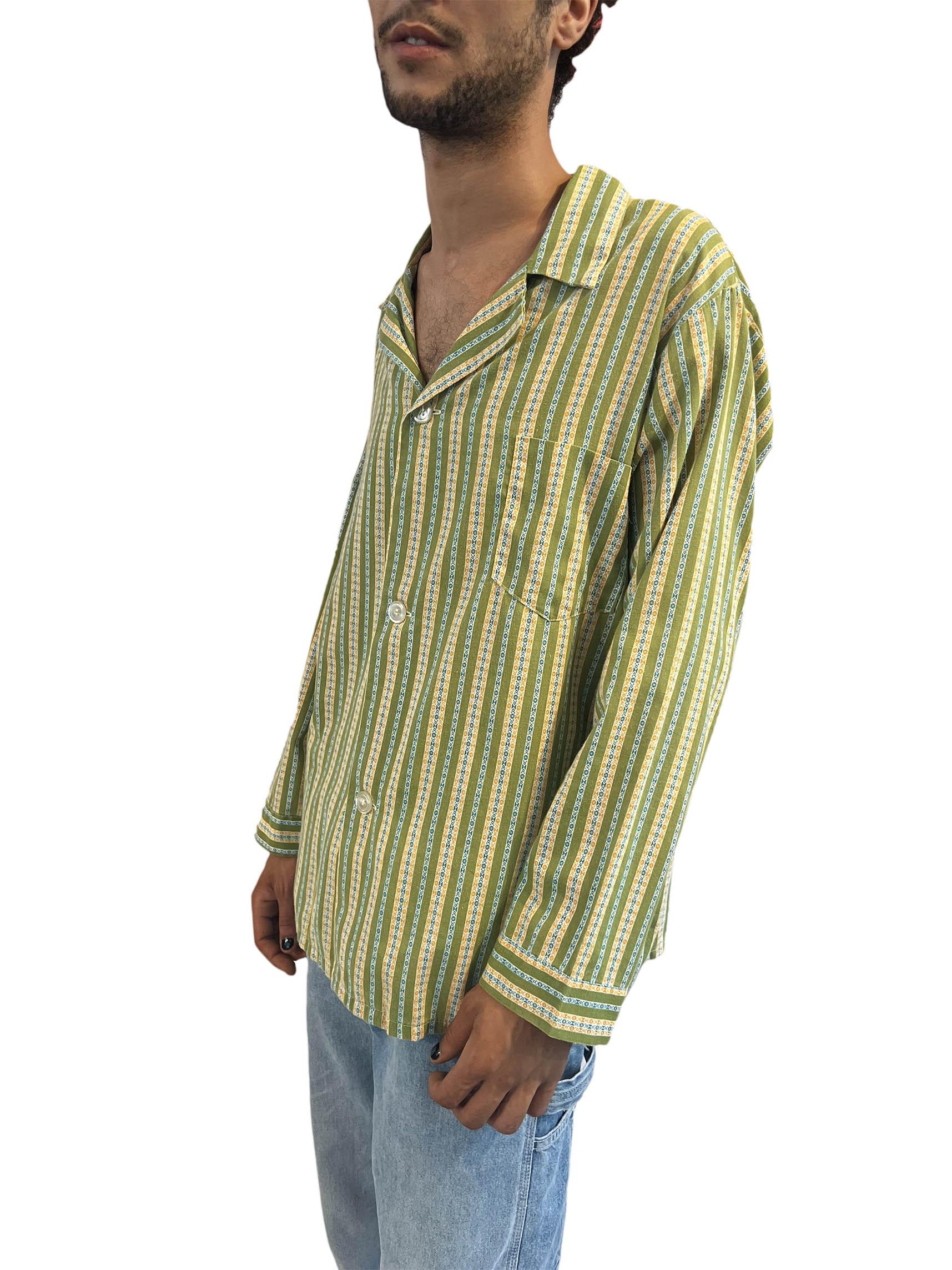 1950S Weldon Green & Yellow Striped Cotton Soft Shirt 2