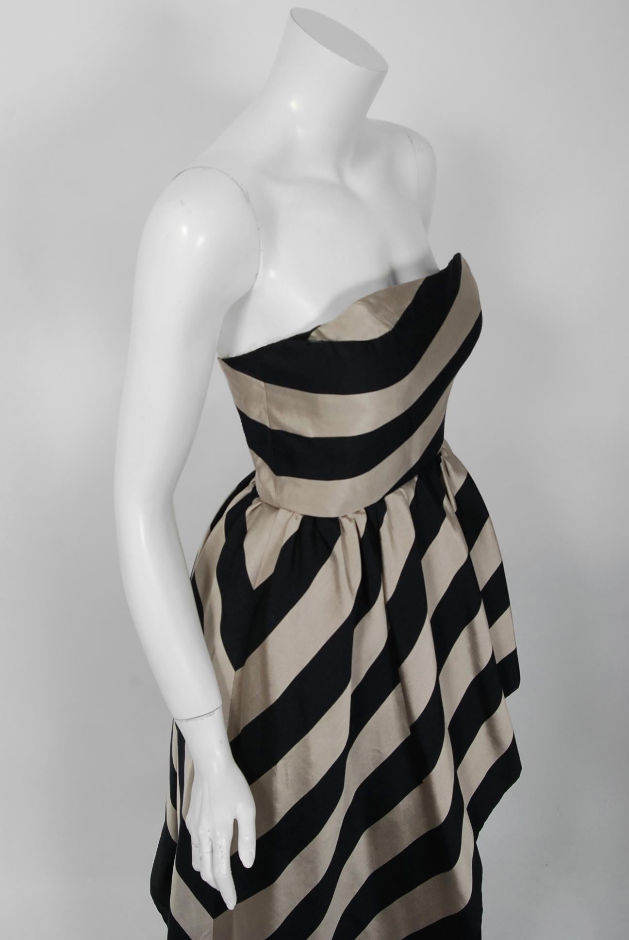 Women's 1950's Werle of Beverly Hills Black & Taupe Bold Stripe Silk Strapless Gown