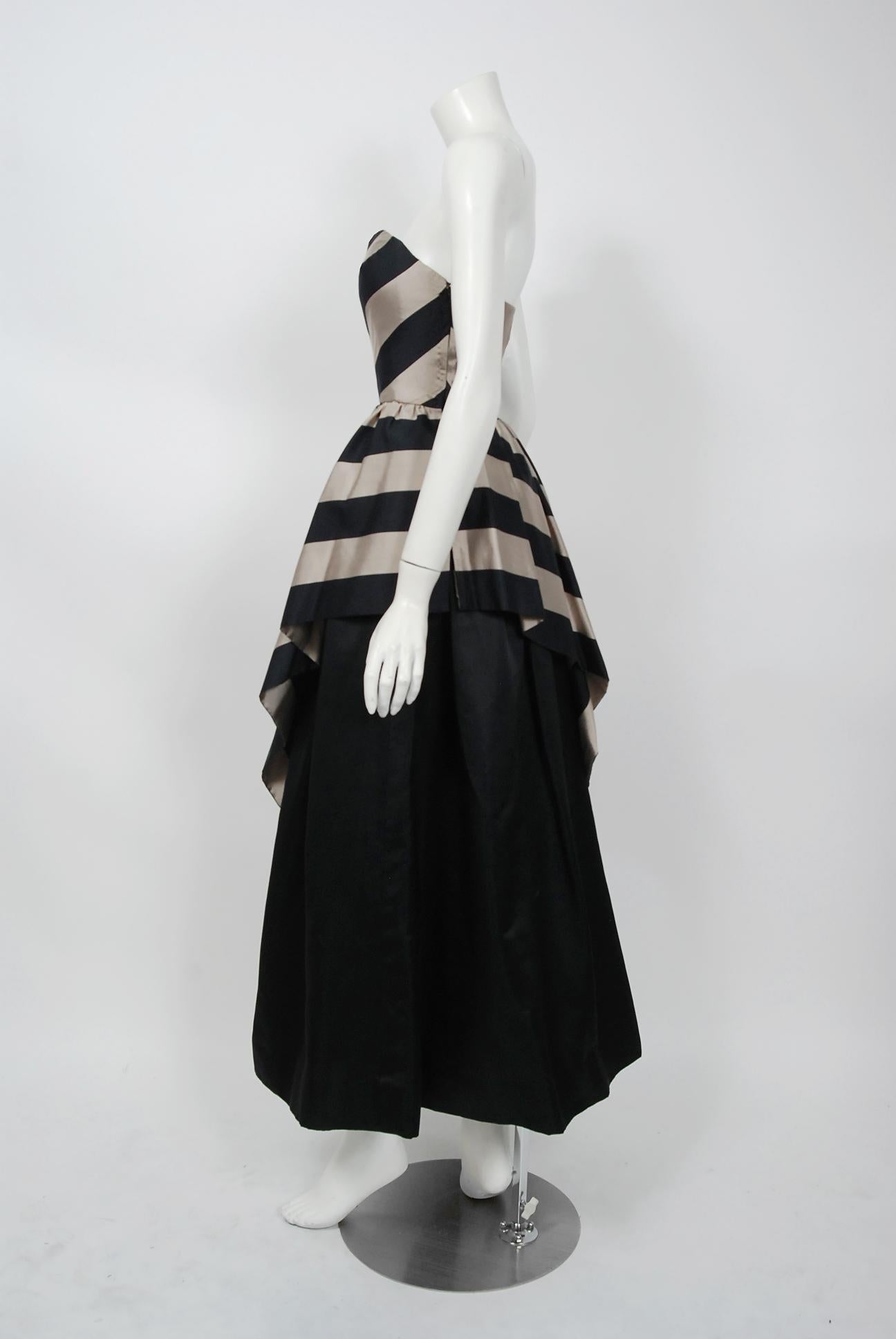 1950's Werle of Beverly Hills Black & Taupe Bold Stripe Silk Strapless Gown 2