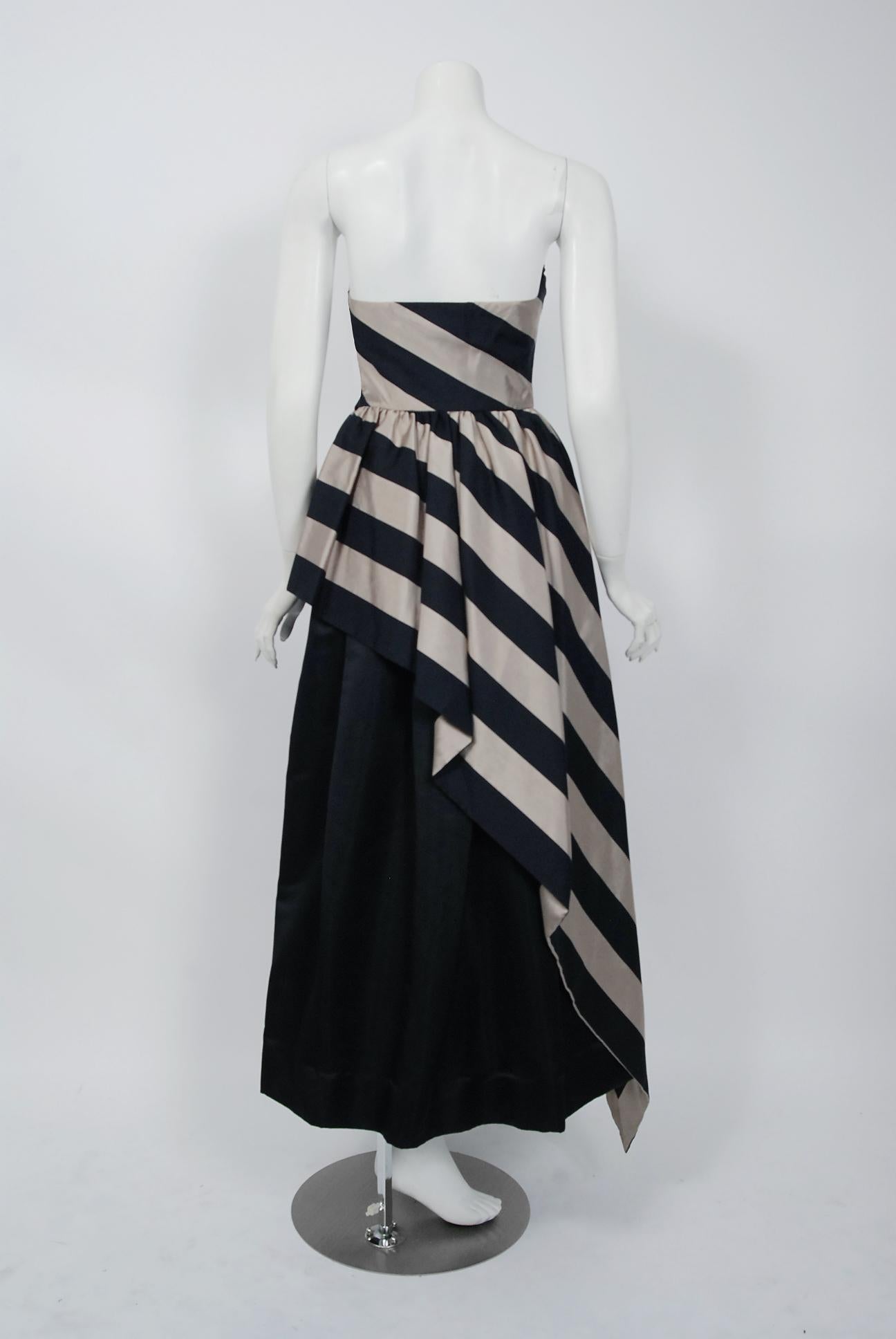 1950's Werle of Beverly Hills Black & Taupe Bold Stripe Silk Strapless Gown 4