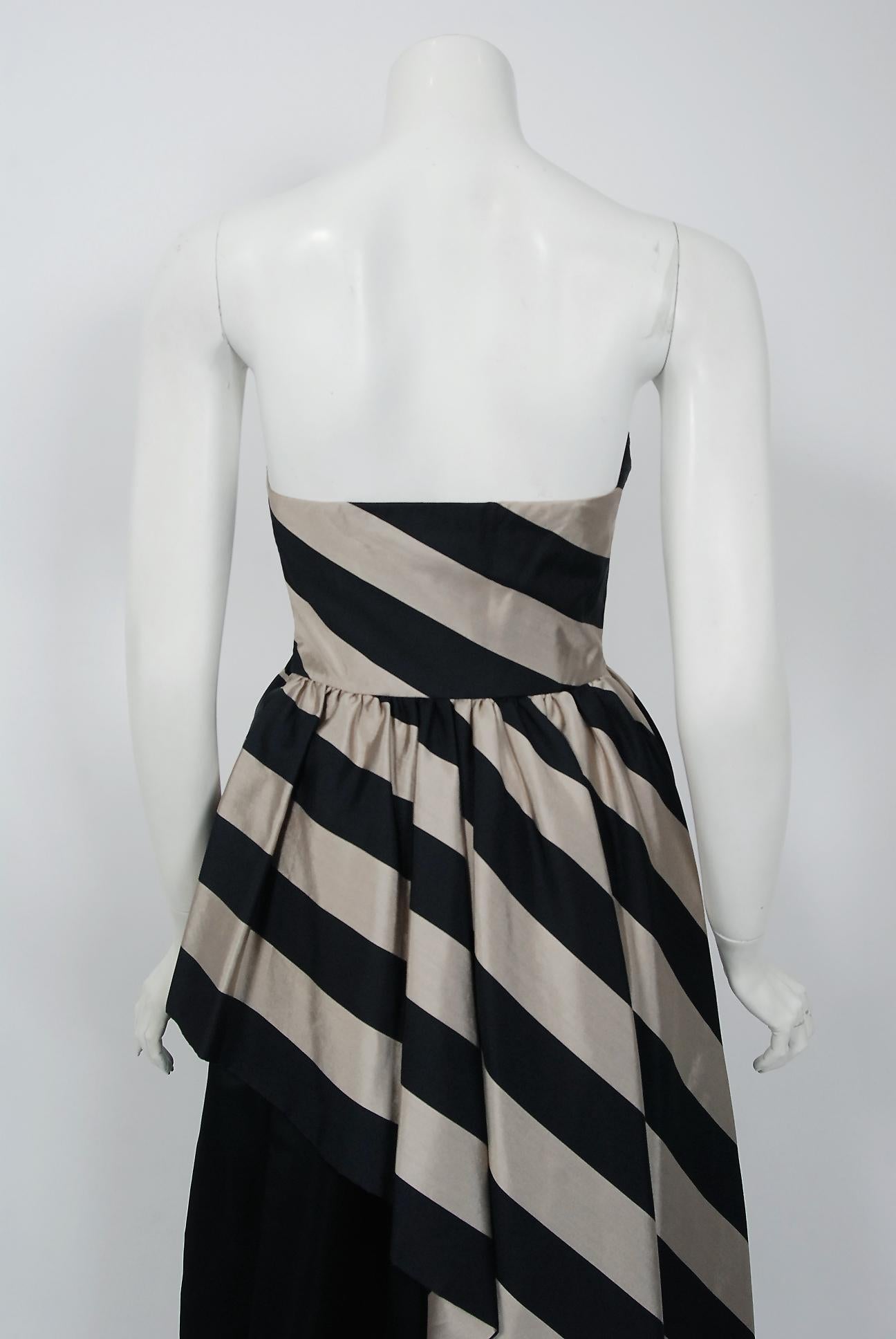 1950's Werle of Beverly Hills Black & Taupe Bold Stripe Silk Strapless Gown 5