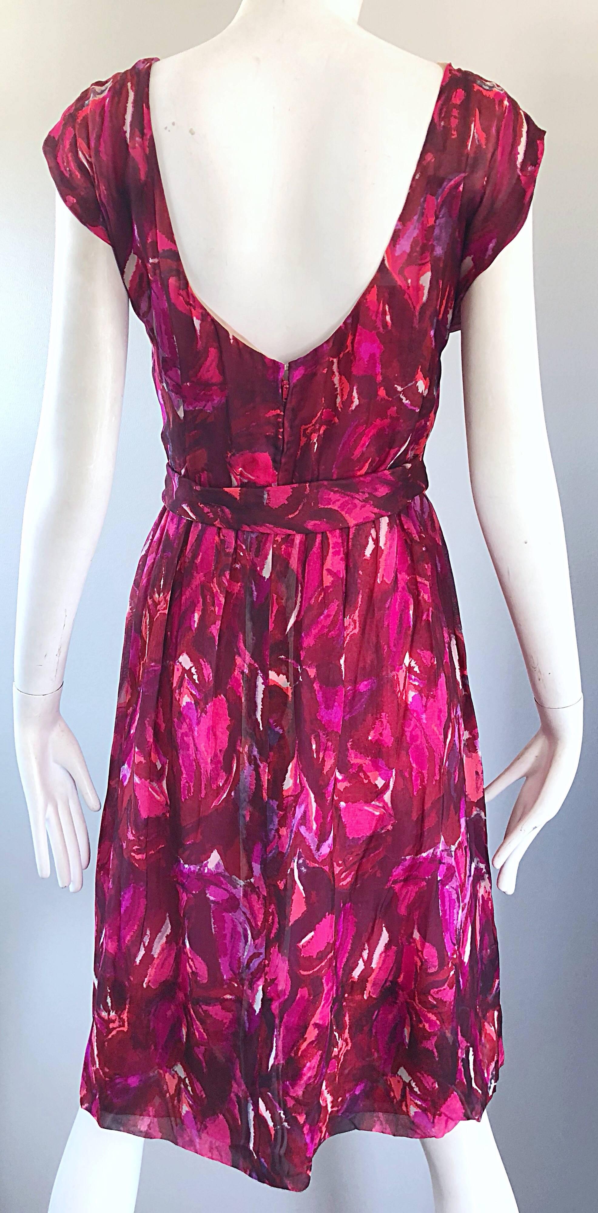1950s Werle of Beverly Hills Demi Couture Pink + Fuchsia Silk Chiffon 50s Dress For Sale 6