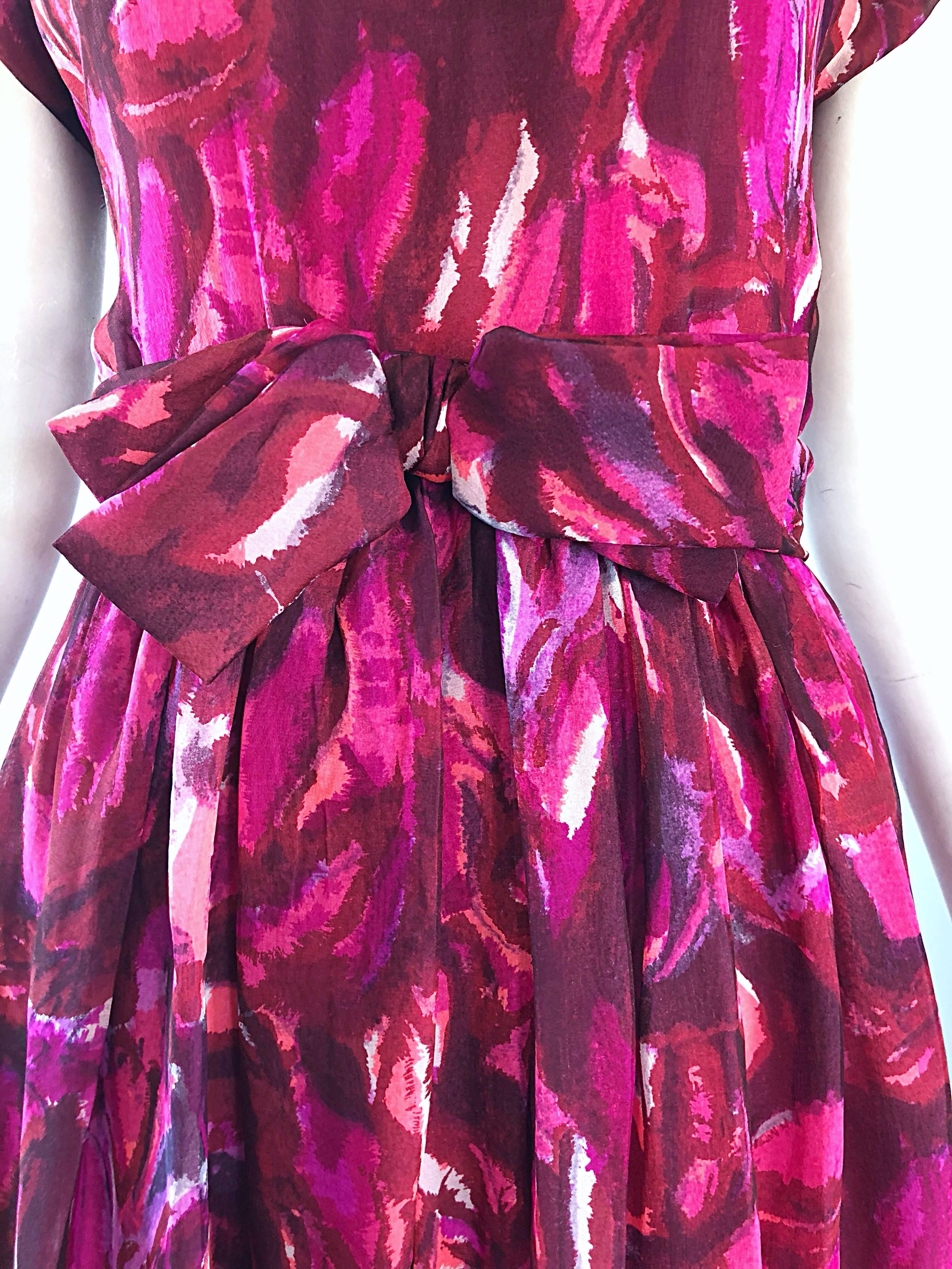 1950s Werle of Beverly Hills Demi Couture Pink + Fuchsia Silk Chiffon 50s Dress For Sale 7