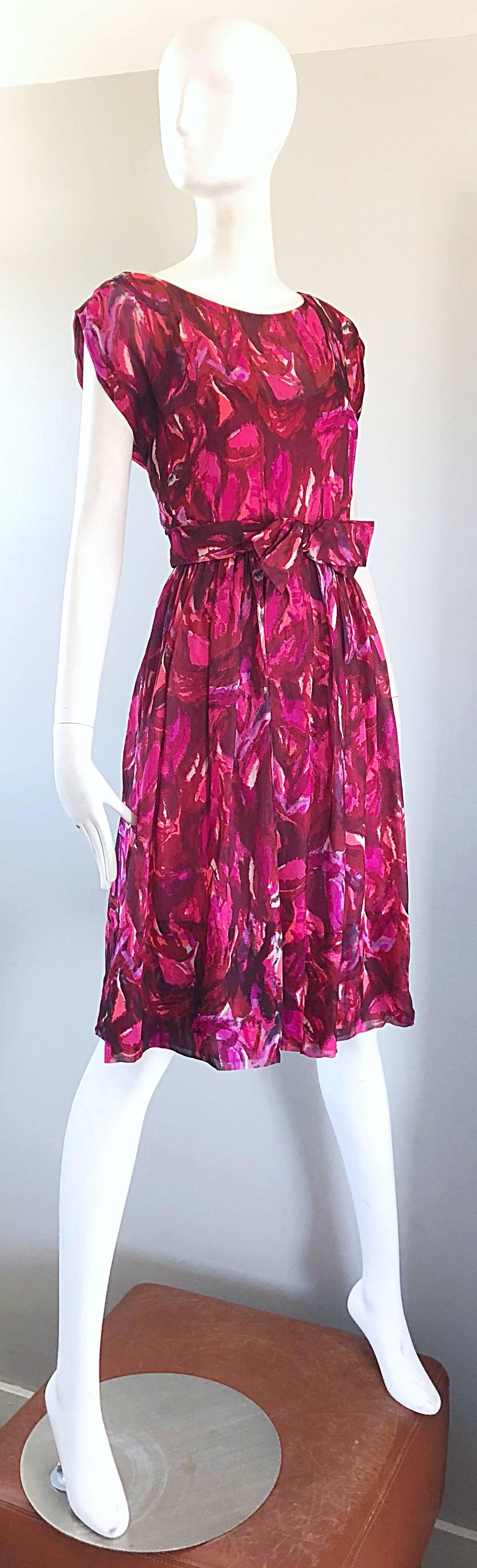 1950s Werle of Beverly Hills Demi Couture Pink + Fuchsia Silk Chiffon 50s Dress For Sale 8