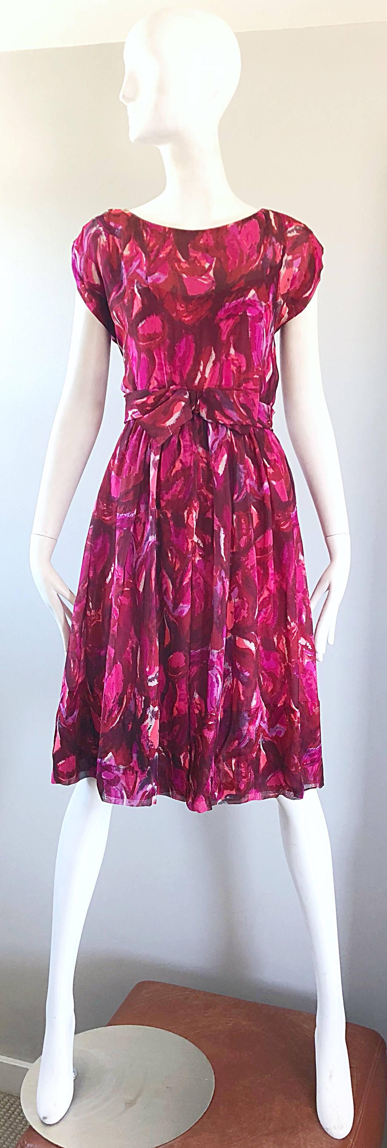 1950s Werle of Beverly Hills Demi Couture Pink + Fuchsia Silk Chiffon 50s Dress For Sale 10