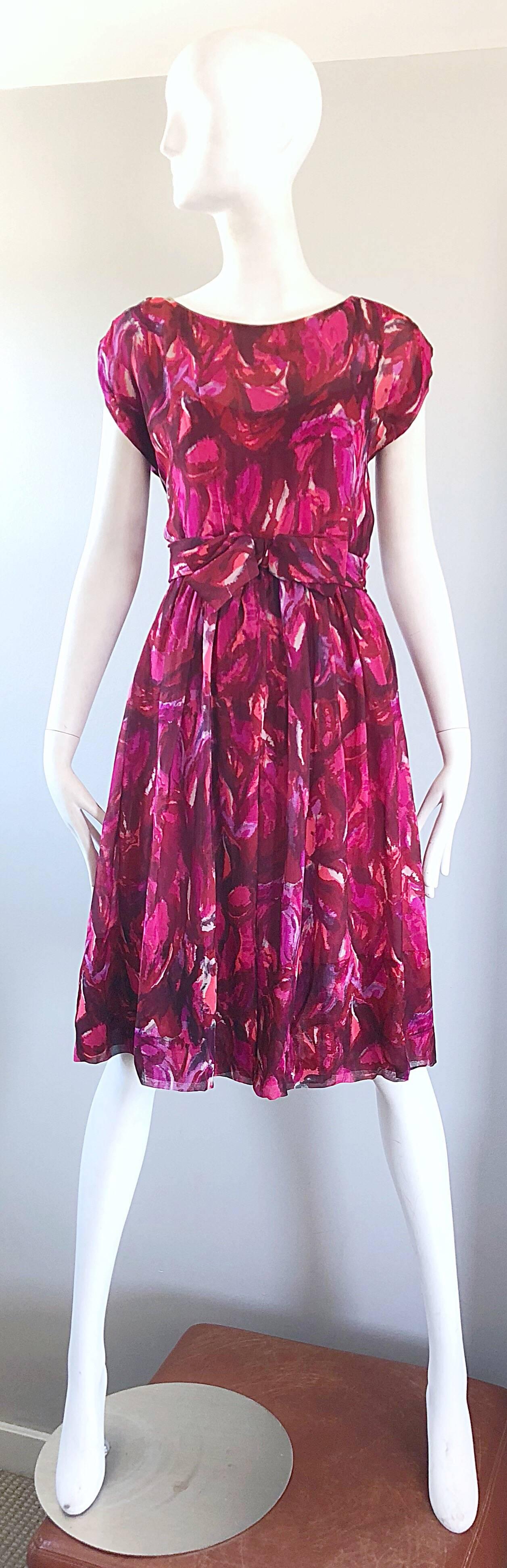 Stunning 1950s vintage WERLE OF BEVERLY HILLS demi couture pink, fuchsia and white watercolor print chiffon silk dress! I once had the long sleeved version of this rare gem, and I was quickly reminded the quality that Werle pieces obtain. Flattering