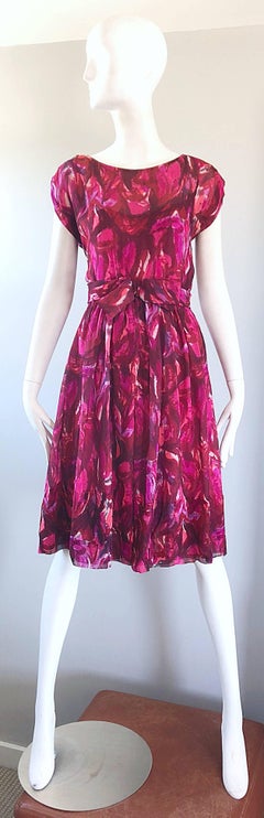 1950s Werle of Beverly Hills Demi Couture Pink + Fuchsia Silk Chiffon 50s Dress