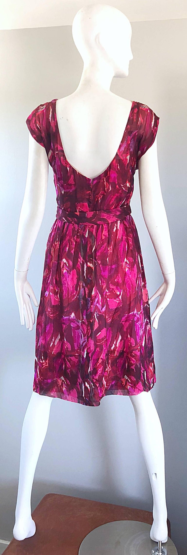 1950s Werle of Beverly Hills Demi Couture Pink + Fuchsia Silk Chiffon 50s Dress