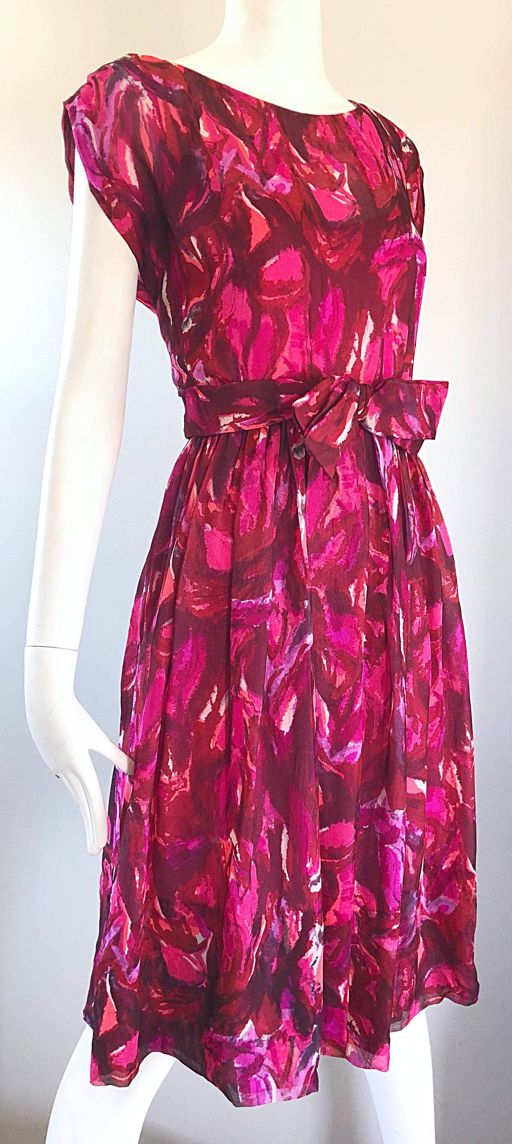 1950s Werle of Beverly Hills Demi Couture Pink + Fuchsia Silk Chiffon 50s Dress For Sale 1