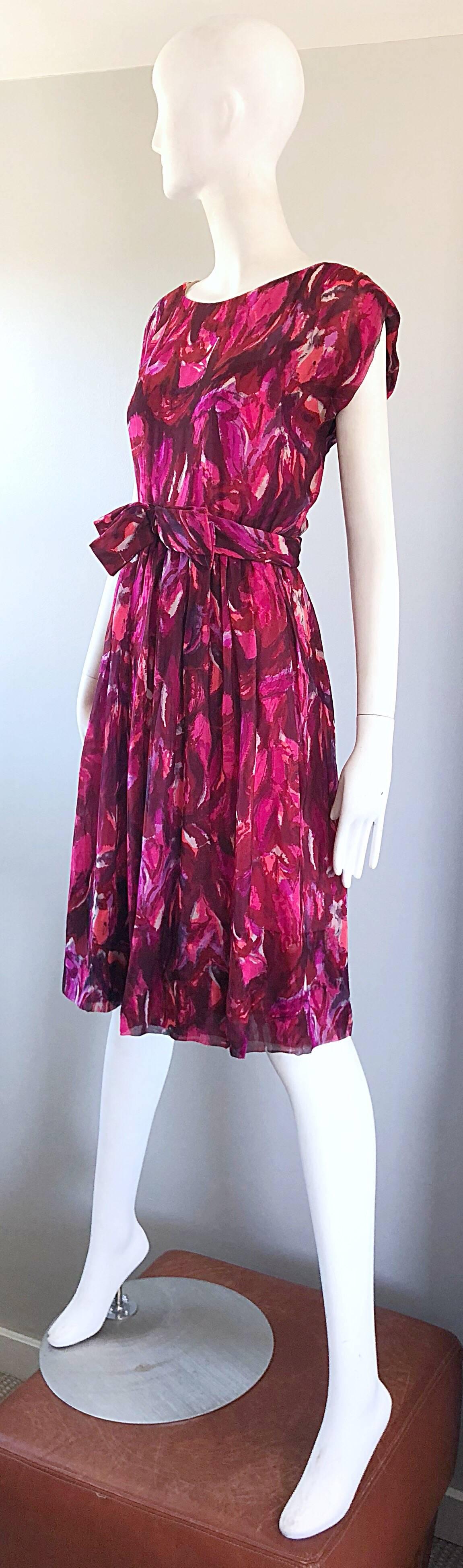 1950s Werle of Beverly Hills Demi Couture Pink + Fuchsia Silk Chiffon 50s Dress For Sale 2